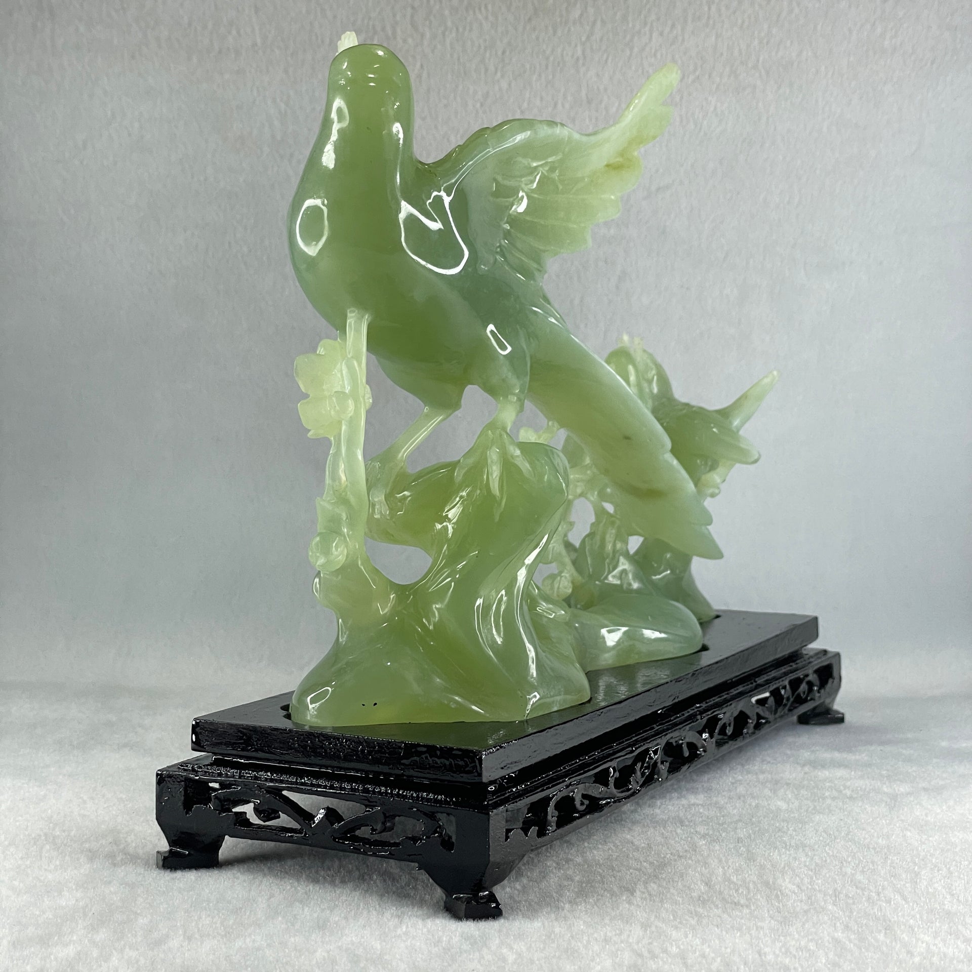 Natural Green Serpentine Phoenix with Twin Birds on Tree with Wooden Stand Display 1,158.3g L257.0 by B98.0 by H203.0mm - Huangs Jadeite and Jewelry Pte Ltd
