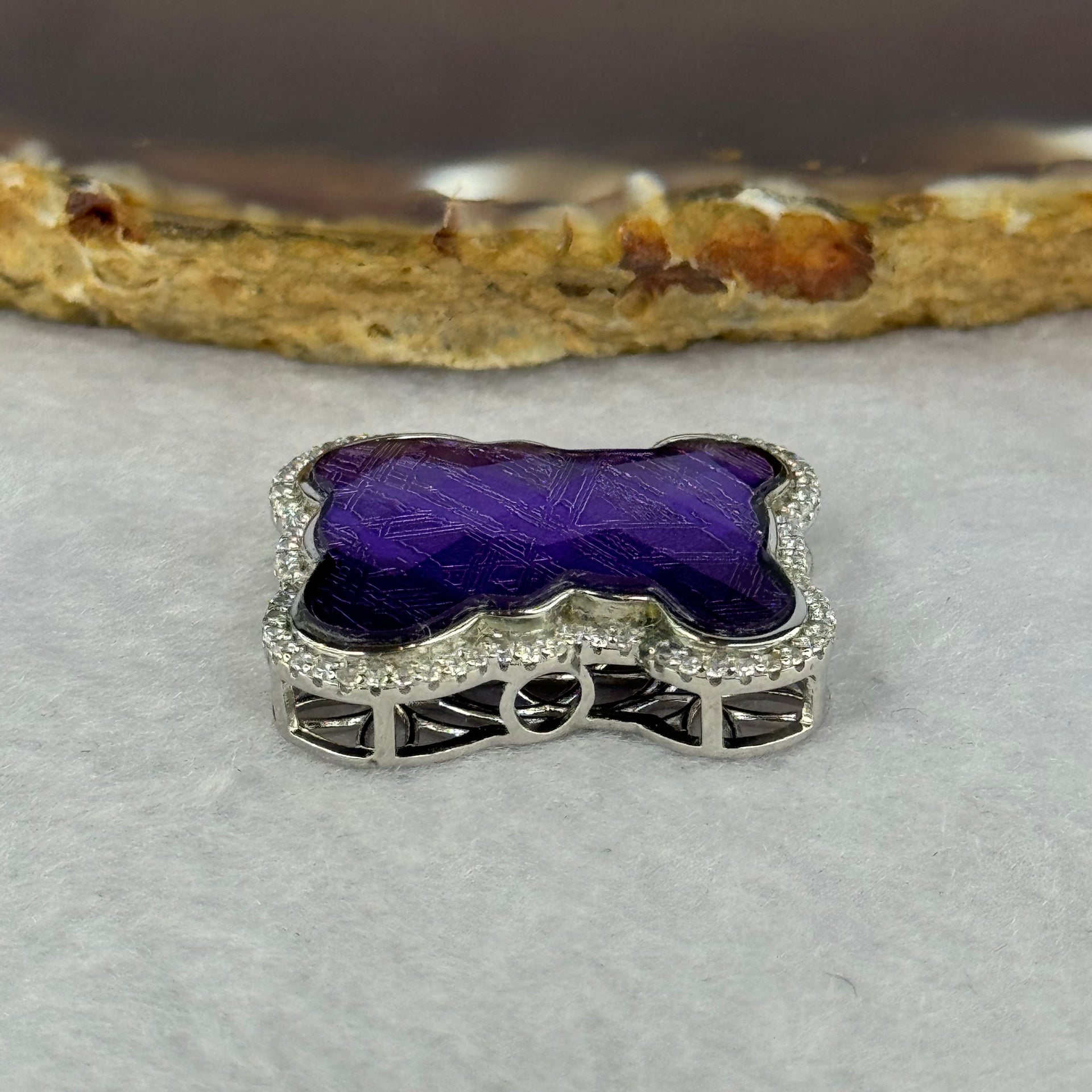Natural Meteorite Bear Charm / Pendant in S925 Silver with Crystals For Necklace / Bracelet (Purple Color) 7.32g  26.1 by 21.4 by 8.4mm - Huangs Jadeite and Jewelry Pte Ltd