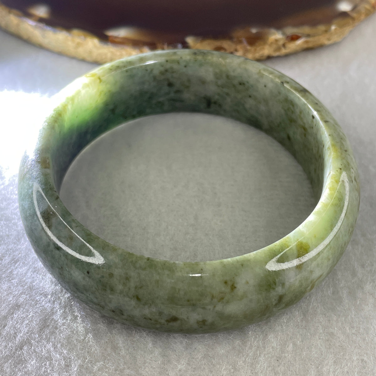 Natural Type A Green with Yellowish Green Piao Hua Jadeite Bangle | (64.81g | 53.1mm ID | 16.9 x 7.8mm | Very Very Slight External Rough |Golden Abundance & Lifelong Protection Anchor, Prosperity & Executive Bangle) - Huangs Jadeite and Jewelry Pte Ltd