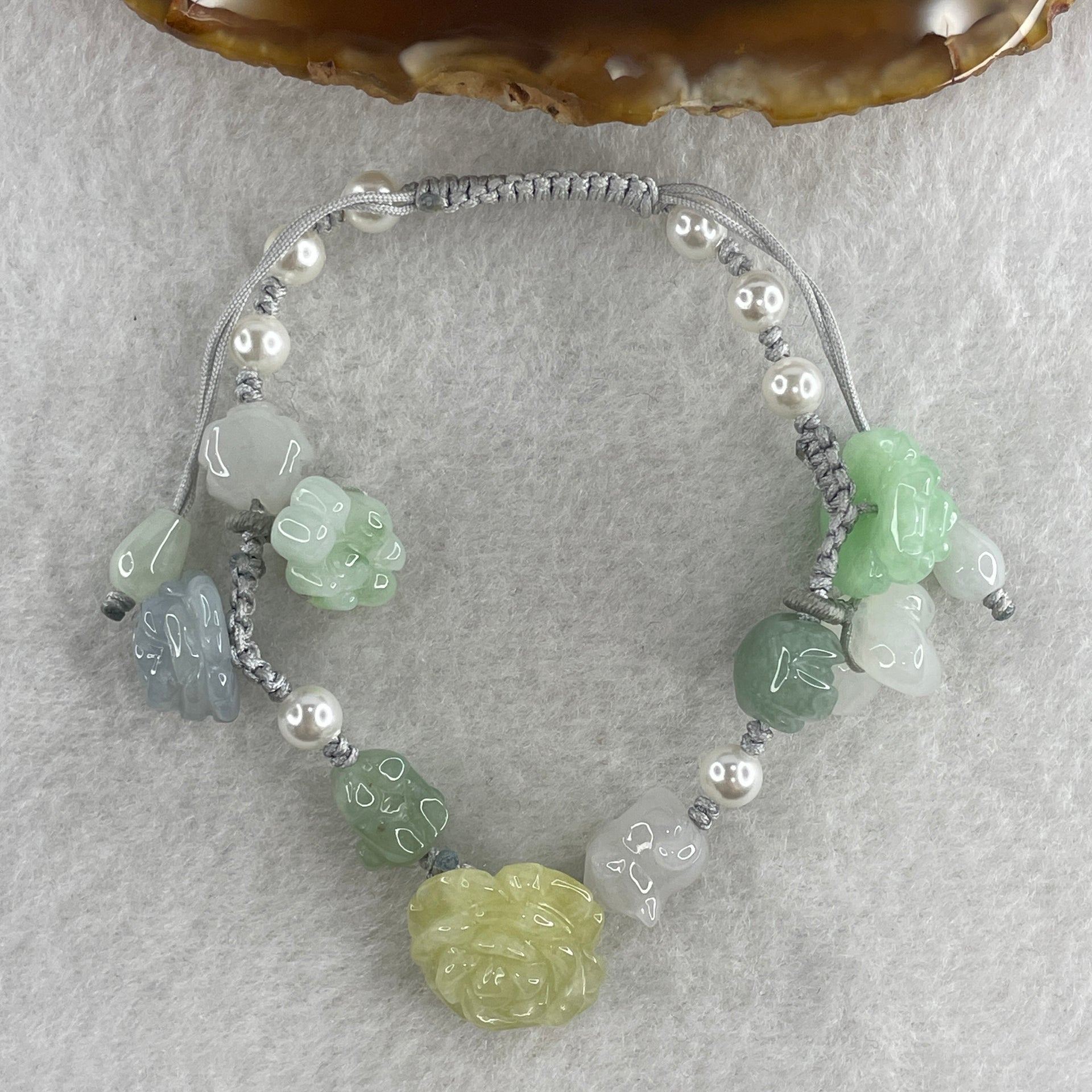 Natural Type A Green with Lavender and light Yellowish Jadeite Flower and Cat Dog Butterfly with Faux Pearl Bracelet 17.34g 15-18cm 16.0mm - Flower - Huangs Jadeite and Jewelry Pte Ltd