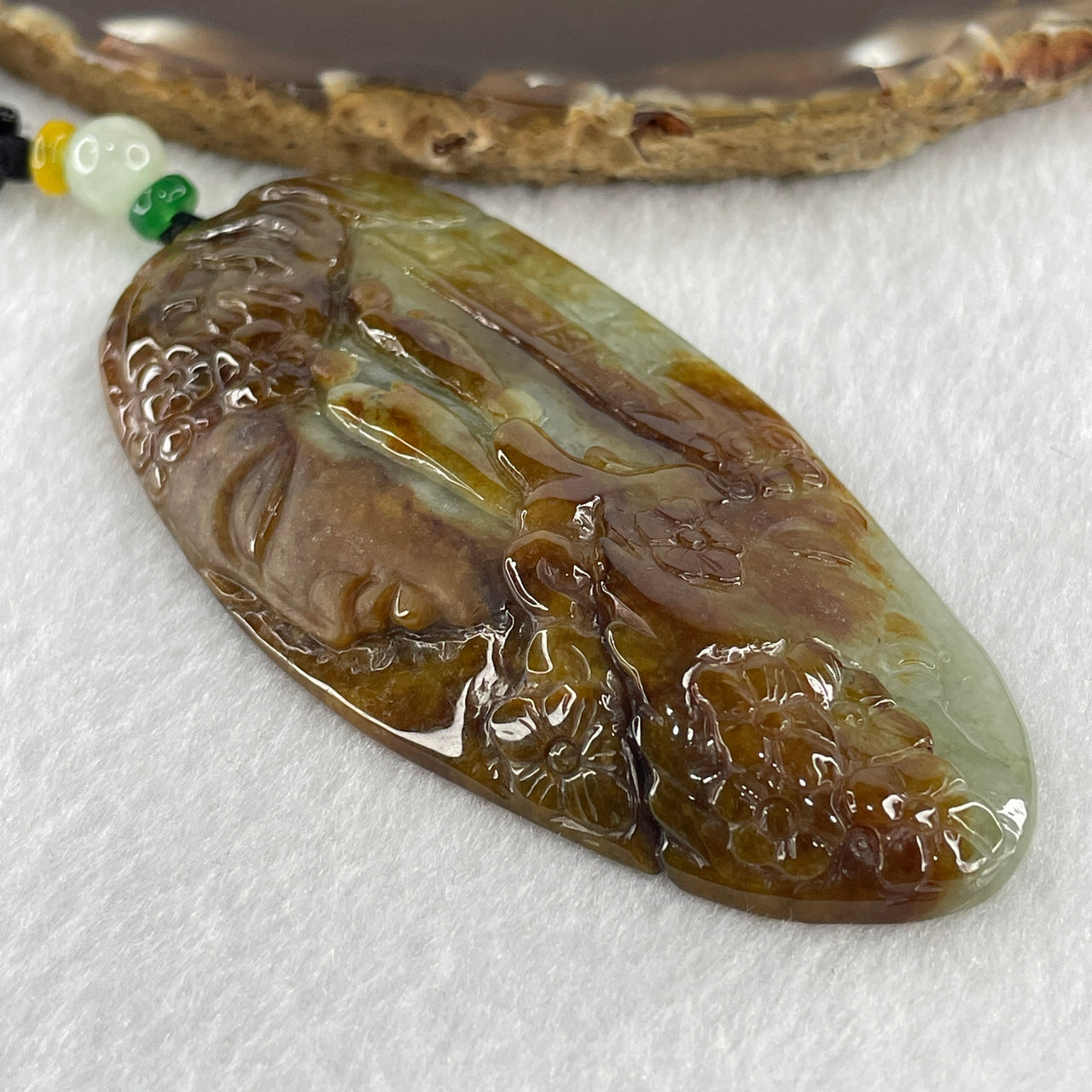 Natural Type A Brown with Light Blueish Green Jadeite Seeking Enlightenment Pendant 57.22g 82.2 by 40.5 by 10.3mm