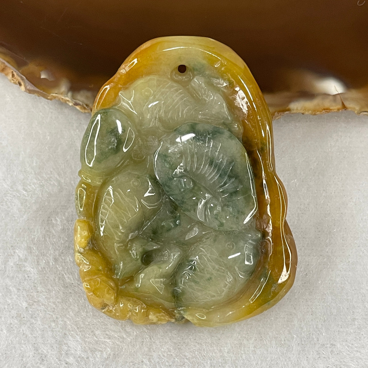 Natural Type A Yellowish & Dark Green Piao Hua Jadeite "3 Fish with Ruyi" Pendant | 100% Untreated Master Carved Fei Cui Talisman (42.57g | 55.7mm × 42.3mm × 9.7mm)