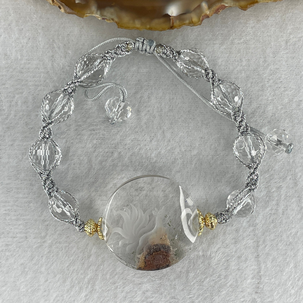 Natural 4 Season Phantom Quartz Round Shape with 9 Tail Fox with Man Made Beads String Bracelet 18.95g 14-18cm 26.9 by 9.2mm 1 Bead - 7.9mm 8 Beads