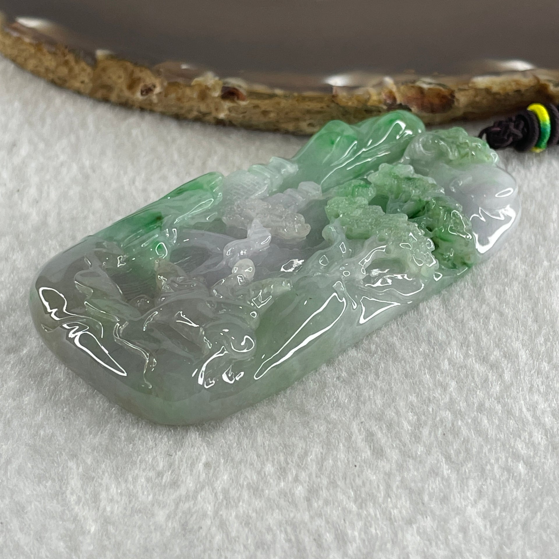 Type A Jelly Lavender and Spicy Green Piao Hua Jadeite Shan Shui and Benefactor 87.19g 79.4 by 40.7 by 11.7mm - Huangs Jadeite and Jewelry Pte Ltd