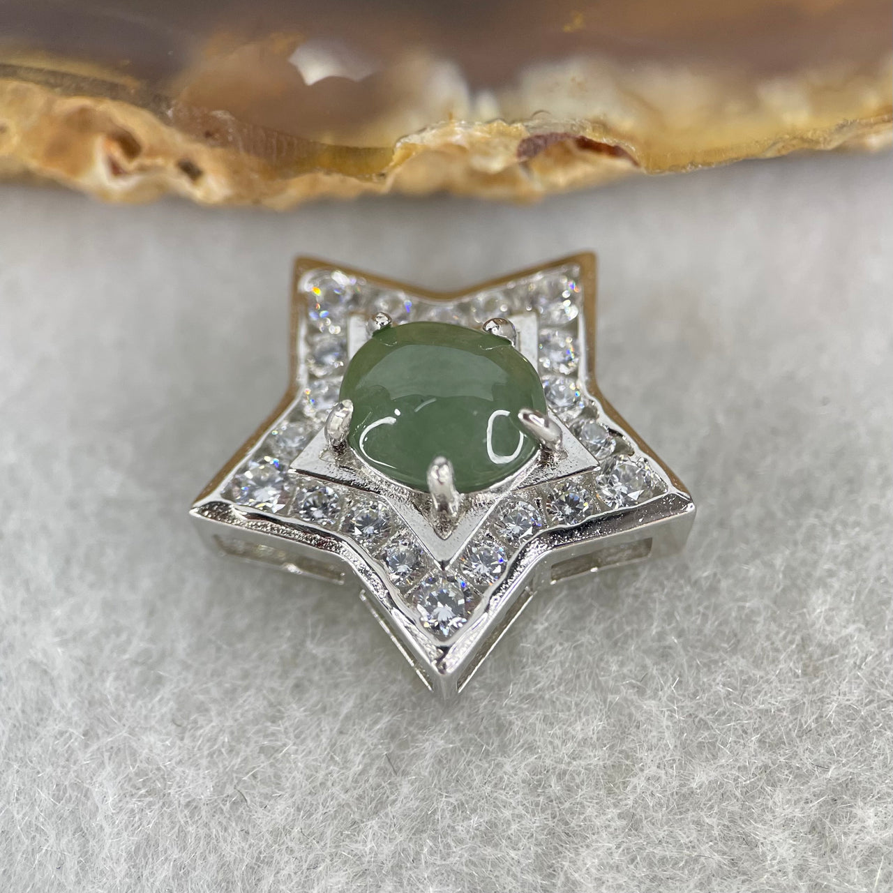 Type A Semi Icy Blueish Green Cabochon Jadeite in S925 Sliver Star with Crystal Charm 2.41g 7.8 by 6.9 by 3.5mm - Huangs Jadeite and Jewelry Pte Ltd