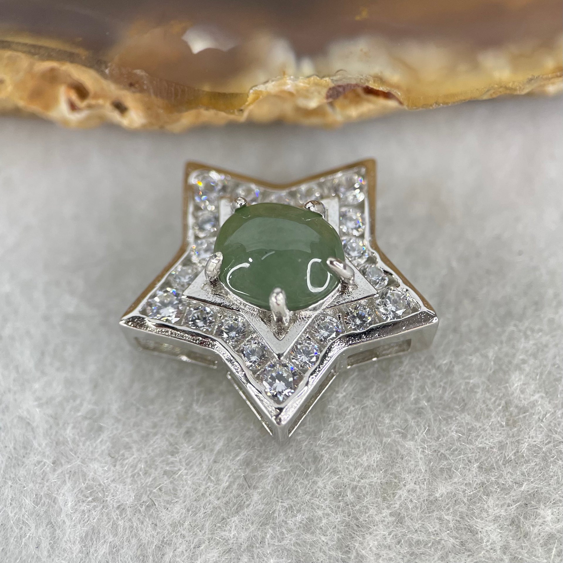 Type A Semi Icy Blueish Green Cabochon Jadeite in S925 Sliver Star with Crystal Charm 2.41g 7.8 by 6.9 by 3.5mm - Huangs Jadeite and Jewelry Pte Ltd