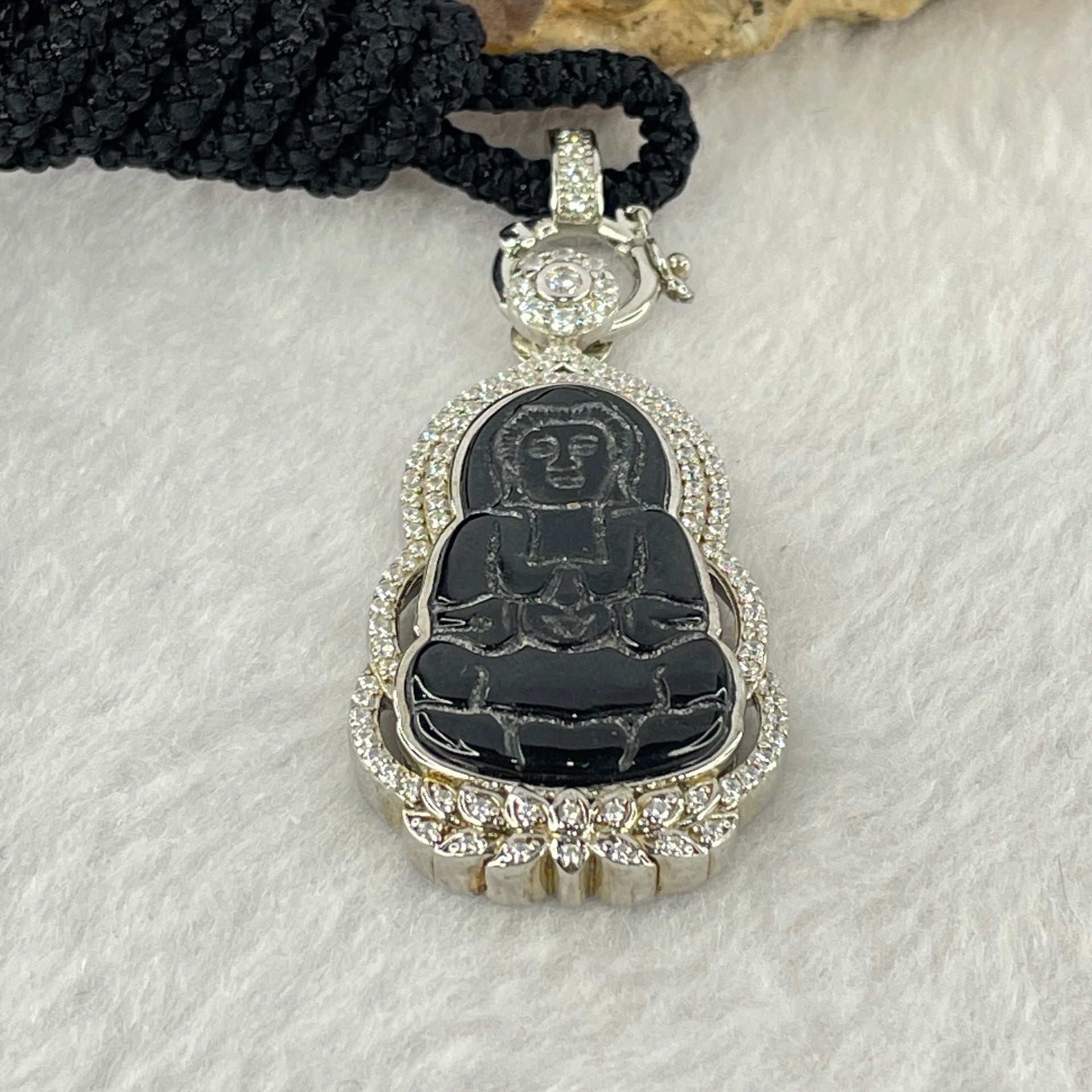 Type A Translucent Black Omphasite Jadeite Guan Yin 24.8 by 15.3 by 1.8mm Pendant in S925 Sliver Pendant 11.89g - Huangs Jadeite and Jewelry Pte Ltd
