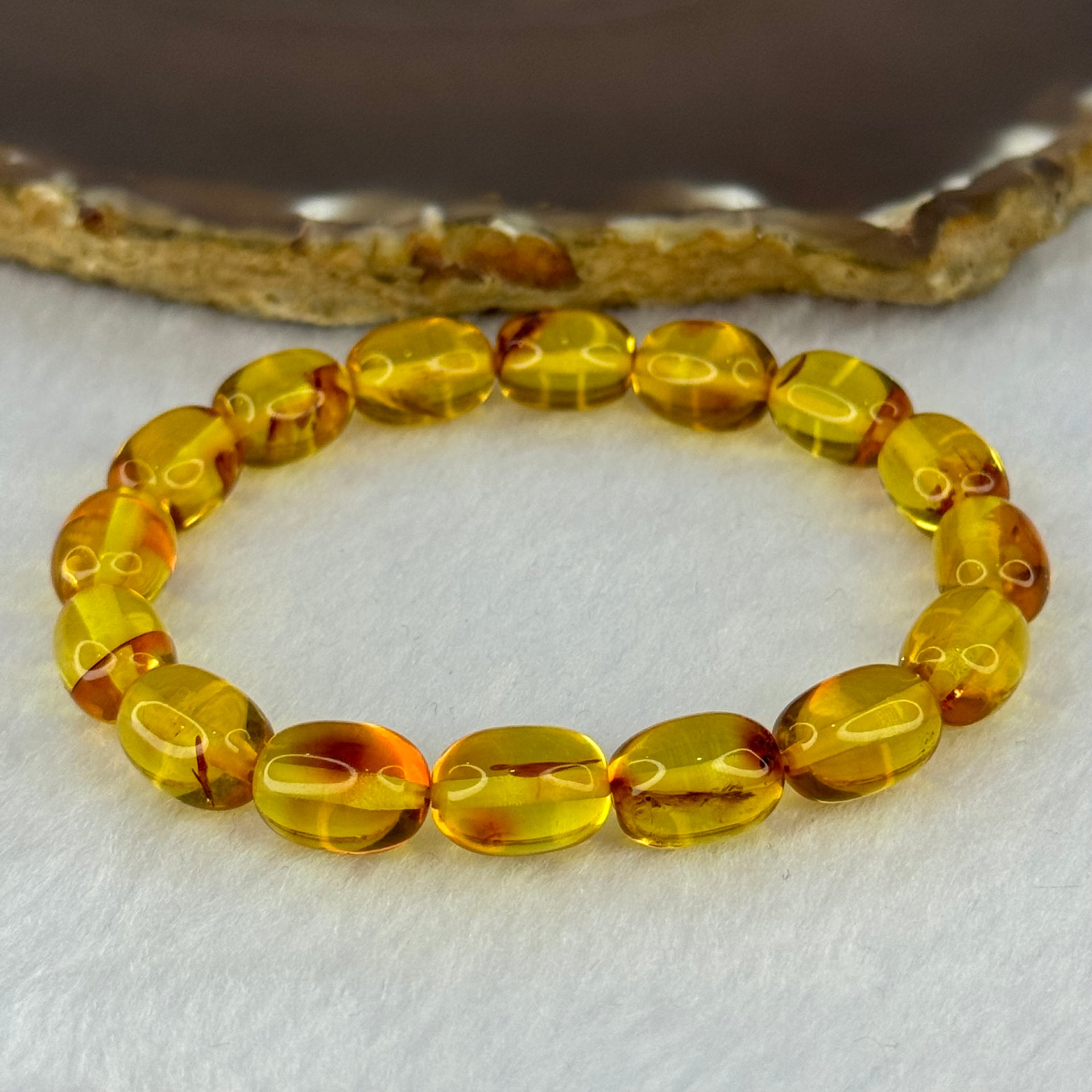 Natural Golden Yellow with Red Flower Amber Beads Bracelet 天然花珀手链 7.68g 15cm 8.5mm 16 Beads - Huangs Jadeite and Jewelry Pte Ltd