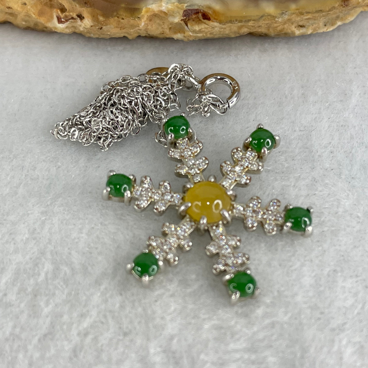 Type A Green and Yellow Jadeite Cabochon Snowflake Pendant in S925 Sliver Necklace 3.42g 2.5 by 1.2mm 6pcs, 4.5 by 2.0mm 1pc - Huangs Jadeite and Jewelry Pte Ltd