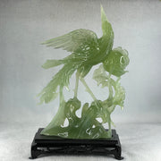 Natural Icy Light Green Serpentine Phoenix on Tree with Twin Birds and Flower with Wooden Stand Display 710.1g 169.0 by 262.0 by 84.0mm - Huangs Jadeite and Jewelry Pte Ltd