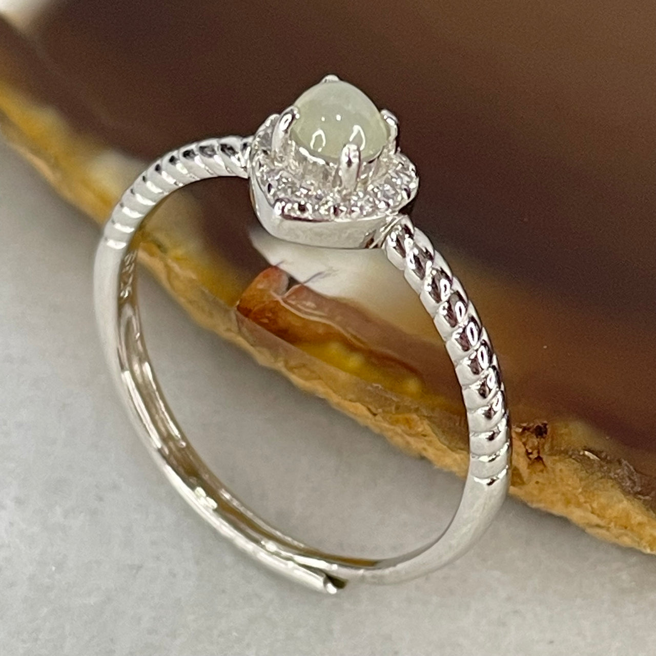 Type A Semi Icy Lavender Cabochon Jadeite in S925 Sliver Heart Ring (Adjustable Size) 1.10g 2.7 by 2.5mm - Huangs Jadeite and Jewelry Pte Ltd