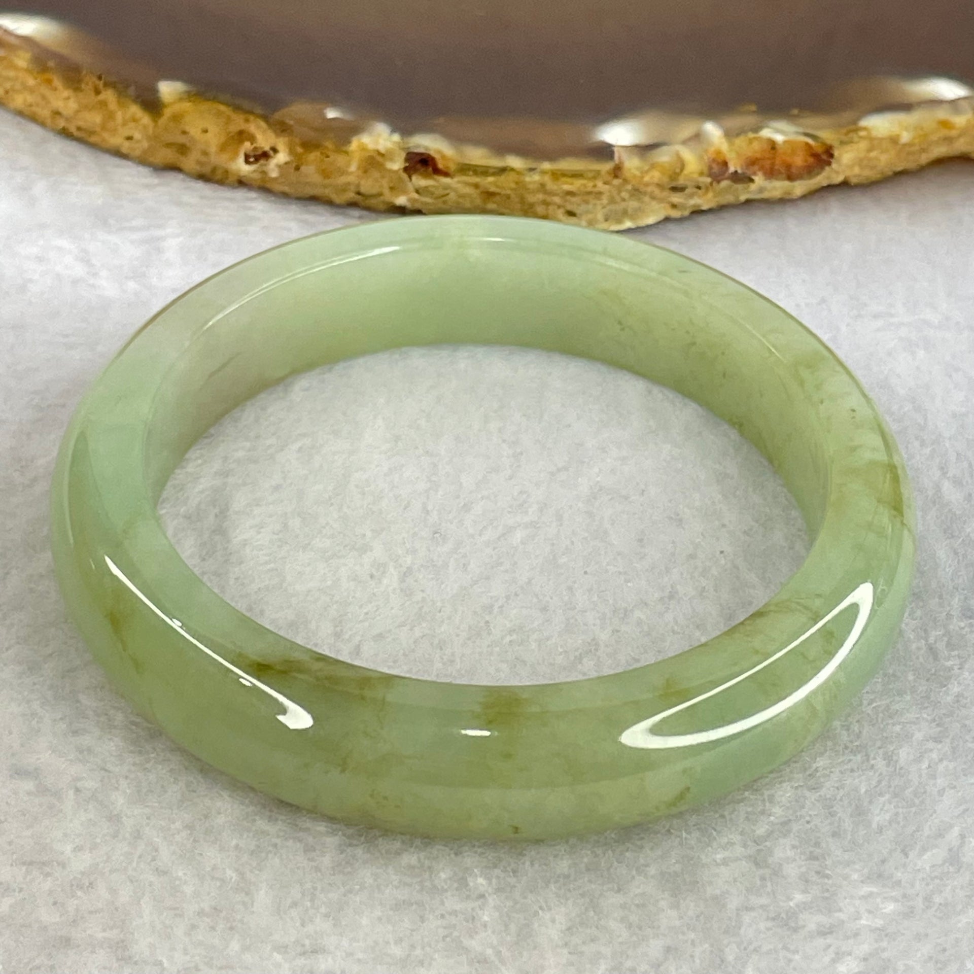 Type A Jelly Light Green and Brown Patches Jadeite Bangle Internal Diameter 54.2mm 49.77g 12.1 by 8.0mm (Slight Internal Lines) - Huangs Jadeite and Jewelry Pte Ltd