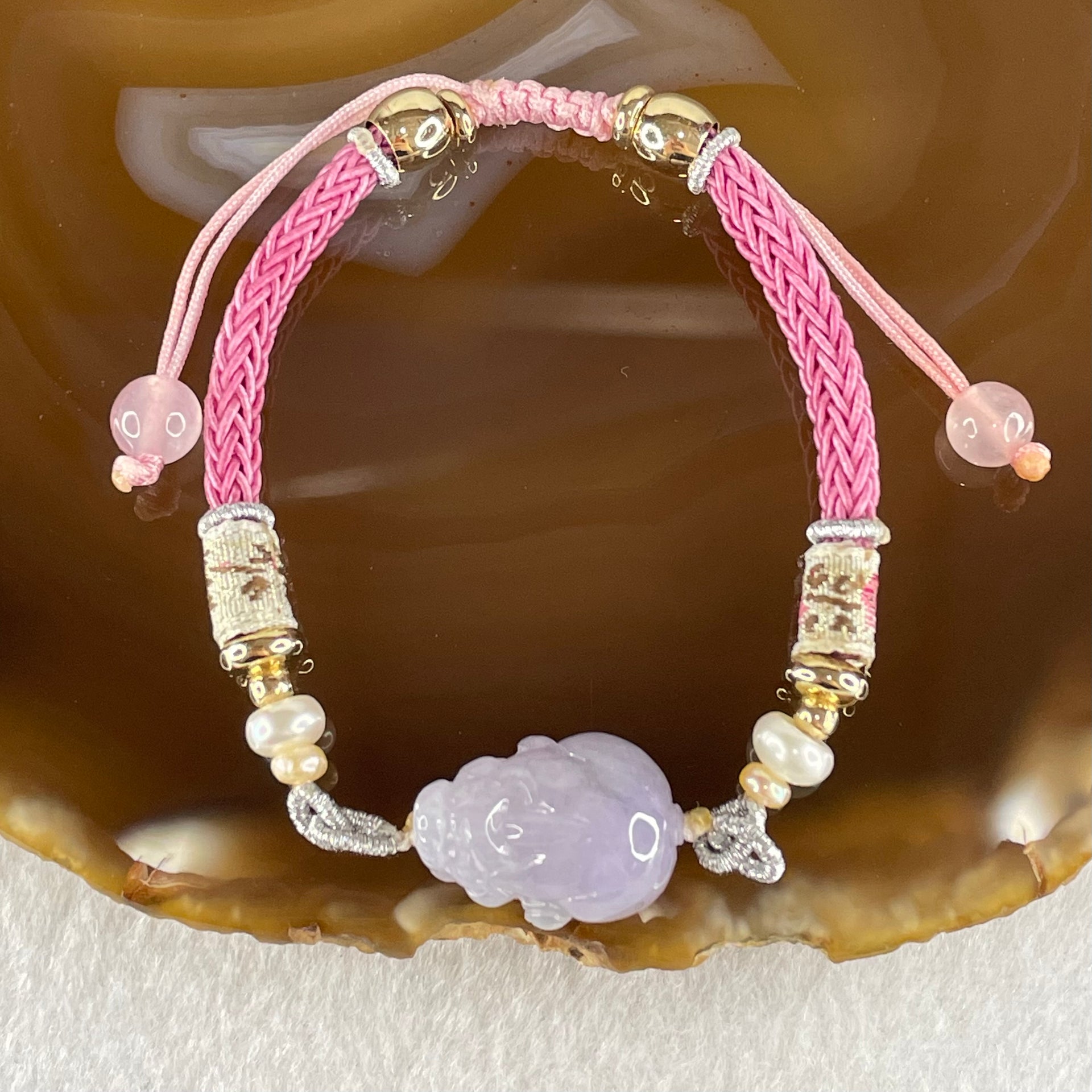 Type A Lavender Jadeite Male Pixiu Charm in String Bracelet 7.02g 17.2 by 12.4 by 7.5mm - Huangs Jadeite and Jewelry Pte Ltd