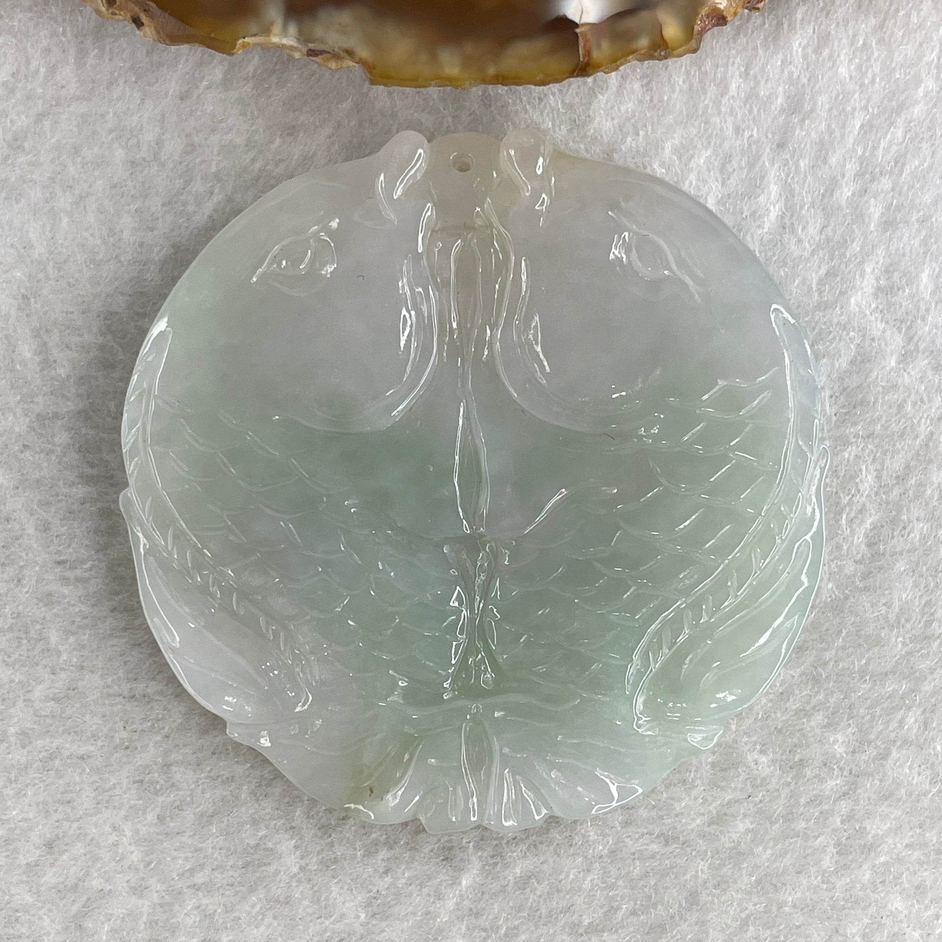 Natural Type A Light Lavender with Green Piao Hua Jadeite Double Fish Pendant 36.55g 52.1 by 6.3mm - Huangs Jadeite and Jewelry Pte Ltd