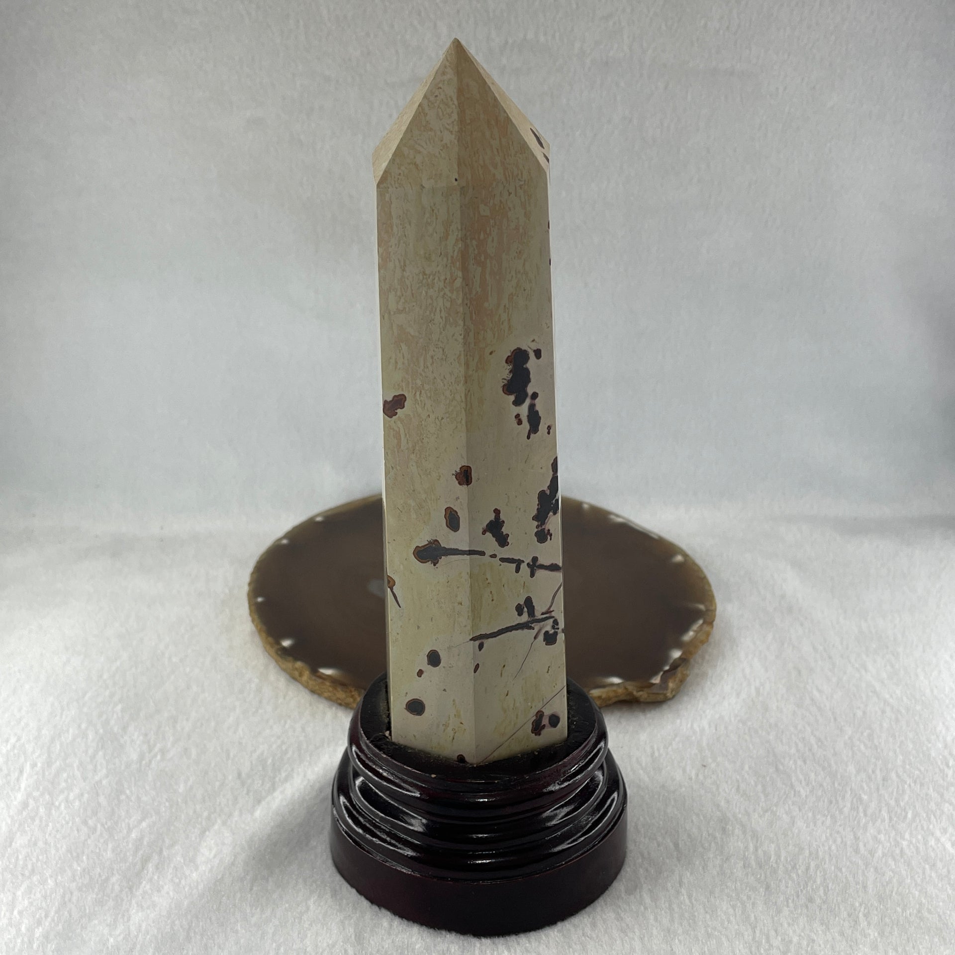 Natural Ligh Brown with Dark Brown Patches Dendritic Jasper Tower with Wooden Stand 681.17g 79.6 by 73.9 by 200.0mm - Huangs Jadeite and Jewelry Pte Ltd