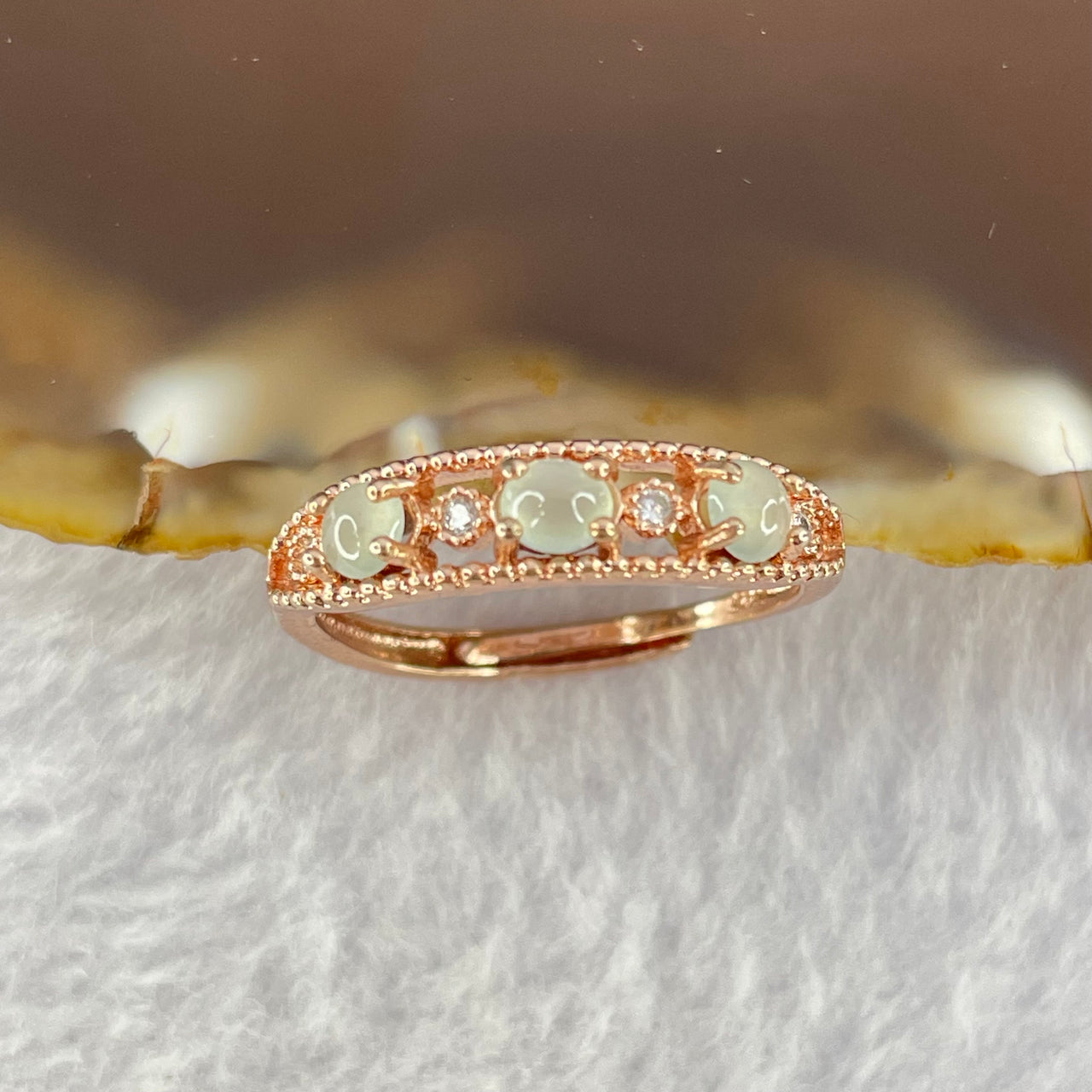 Type A Light Green Jadeite 3.6 by 1.5mm with Crystals in S925 Sliver Rose Gold Color Ring 1.80g - Huangs Jadeite and Jewelry Pte Ltd