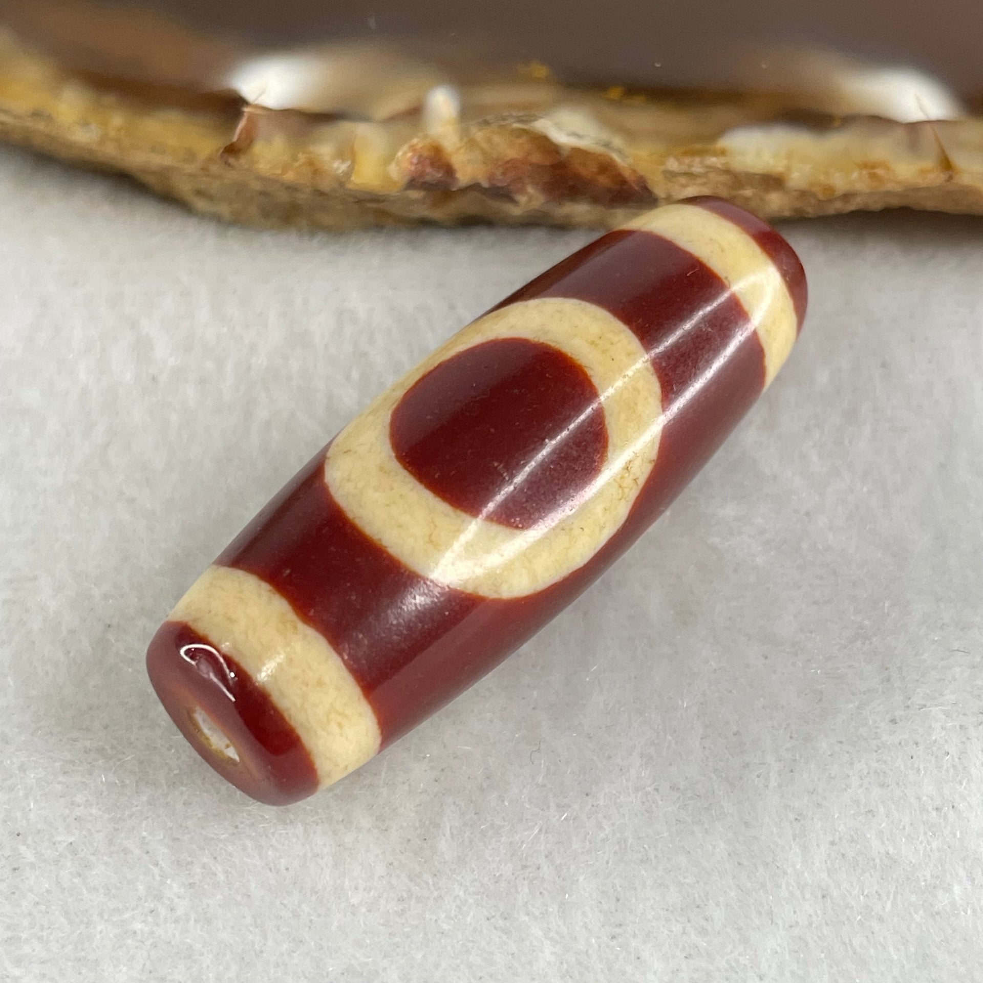 Natural Powerful Tibetan Old Oily Red White Agate One Eye Gold Metal Element Dzi Bead Heavenly Master (Tian Zhu) 一眼金天珠 10.96g 37.5 by 13.5mm - Huangs Jadeite and Jewelry Pte Ltd