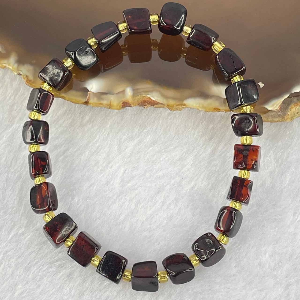 Natural Dark Blood Red Amber Cubes Bracelet 天然血珀手链 4.89g 15.5cm 6.3mm 22 Beads - Huangs Jadeite and Jewelry Pte Ltd