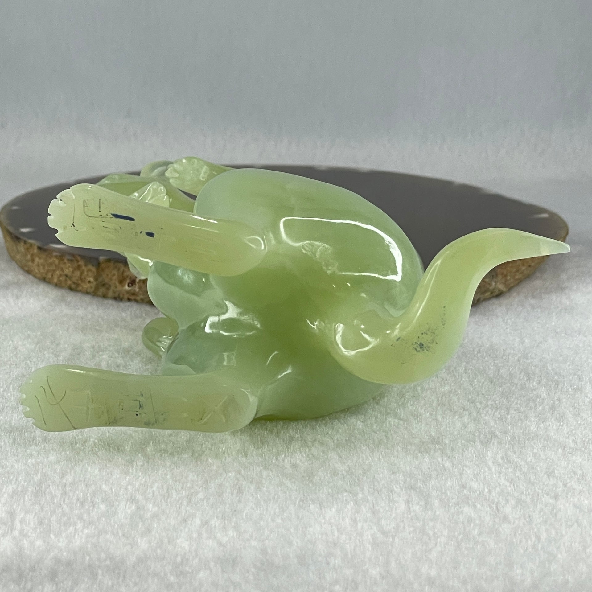 Natural Green Serpentine Kangaroo With Baby with Wooden Stand Display 569.6g 140.0 by 85.4 by 145.0mm - Huangs Jadeite and Jewelry Pte Ltd