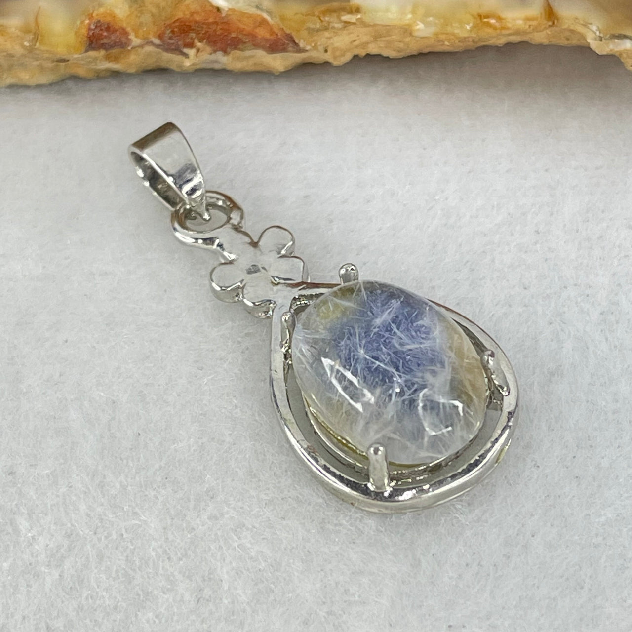 Good Grade Rare Natural Blue Dumortierite Rutilated Quartz in S925 Pendant 2.58g 12.2 by 9.7 by 5.5mm - Huangs Jadeite and Jewelry Pte Ltd