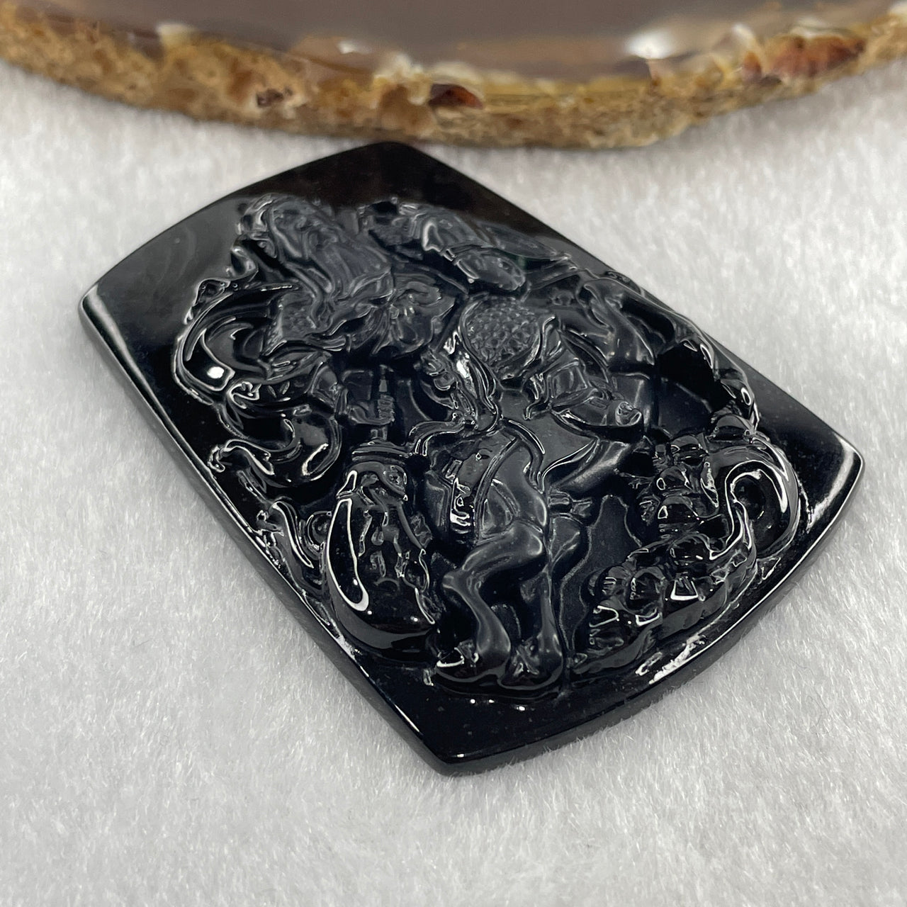 Type A Opaque to Partial Translucent Black Omphacite Jadeite Guan Gong on Champion Stallion Pendant 32.68g 60.2 by 42.6 by 8.9mm - Huangs Jadeite and Jewelry Pte Ltd