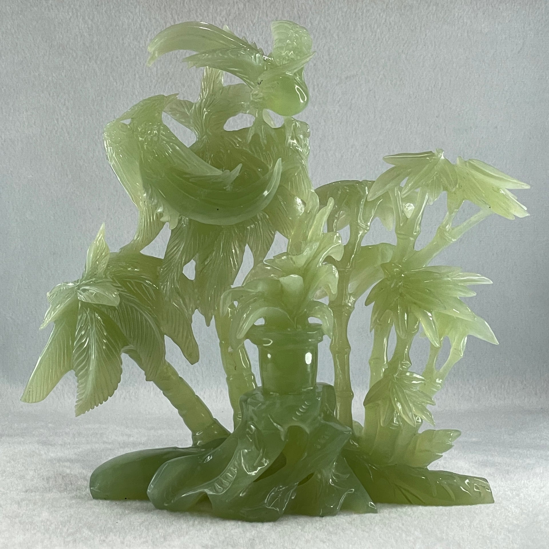 Natural Green Serpentine Double Phoenix with Bamboo Treen and Flower with Wooden Stand Display 1,096.7g 220.0 by 130.0 by 220.0mm - Huangs Jadeite and Jewelry Pte Ltd