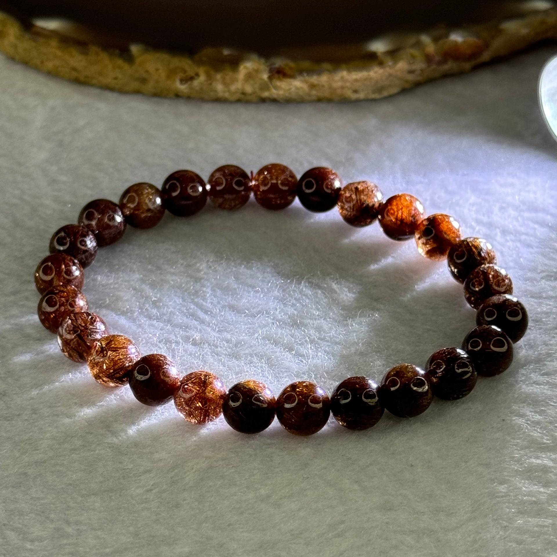 Natural Copper Rutilated Quartz Beads Bracelet 天然銅髮晶手镯 16.36g 16cm 7.9mm 25 Beads - Huangs Jadeite and Jewelry Pte Ltd