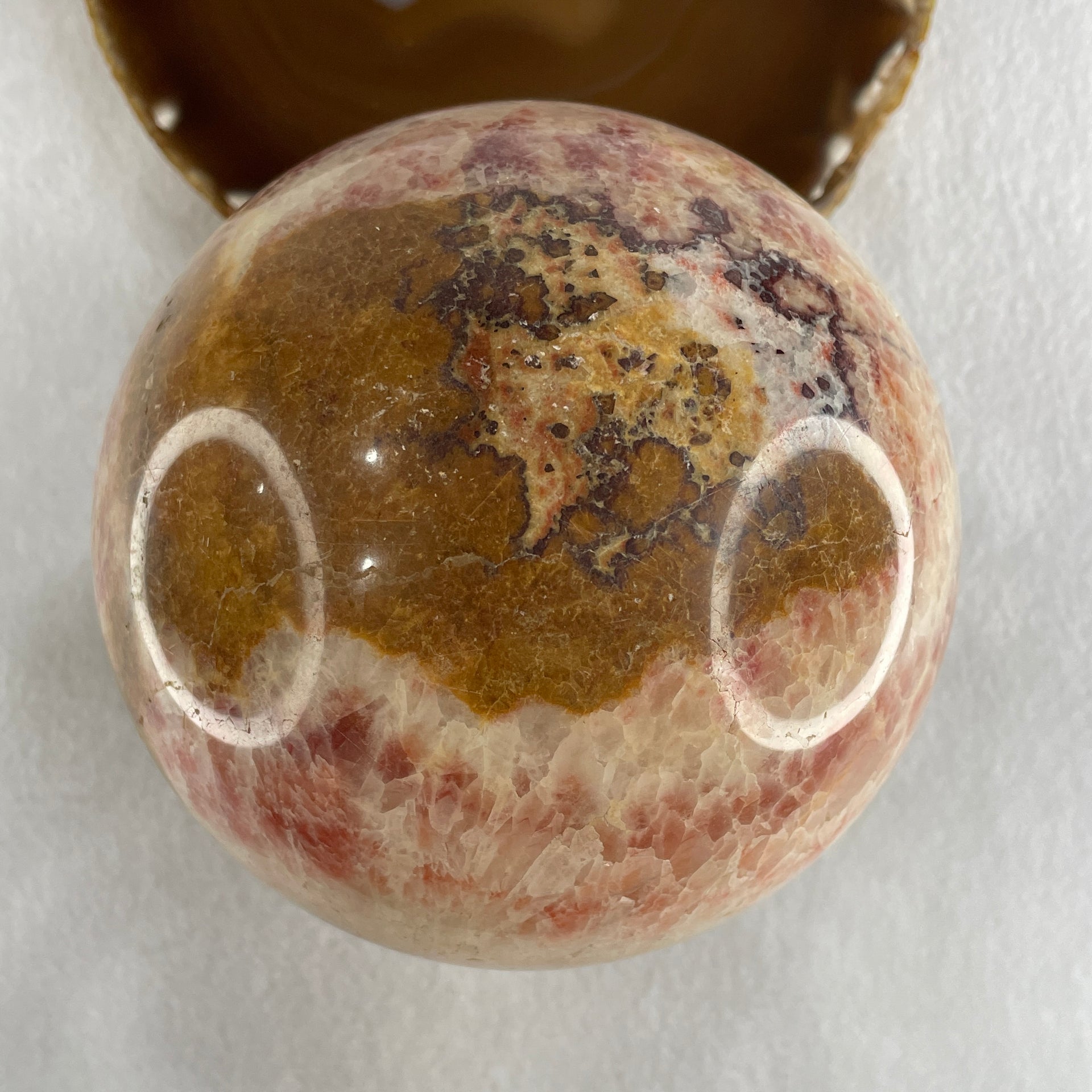 Natural Pink Brown Calcite Sphere Ball with Wooden Stand Display 2,818.4g 122.0 by 170.0mm - Huangs Jadeite and Jewelry Pte Ltd