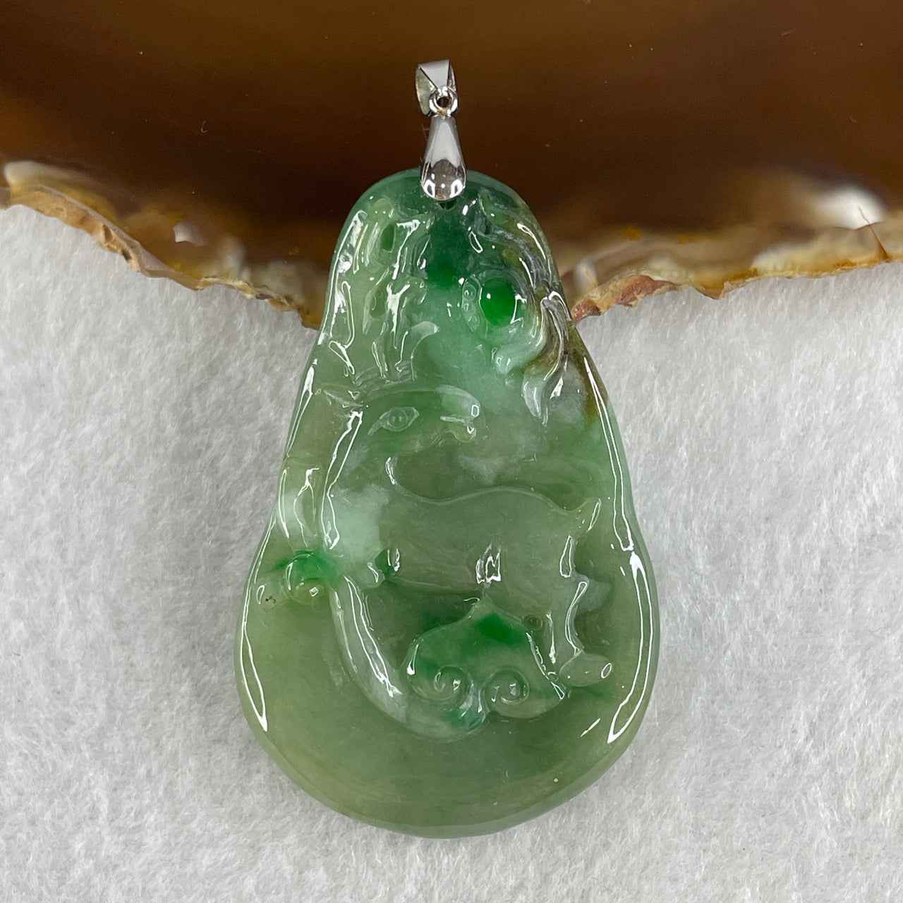 Natural Type A Green with Emerald Green and Brown Patches Jadeite Deer and Ruyi Pendant in S925 Silver Clasp 26.44g 56.4 by 36.1 by 6.4mm
