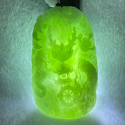 Type A Apple Green Jadeite Double Sided Fire Dragon Pendant 80.29g 75.3 by 44.4 by 13.2mm - Huangs Jadeite and Jewelry Pte Ltd