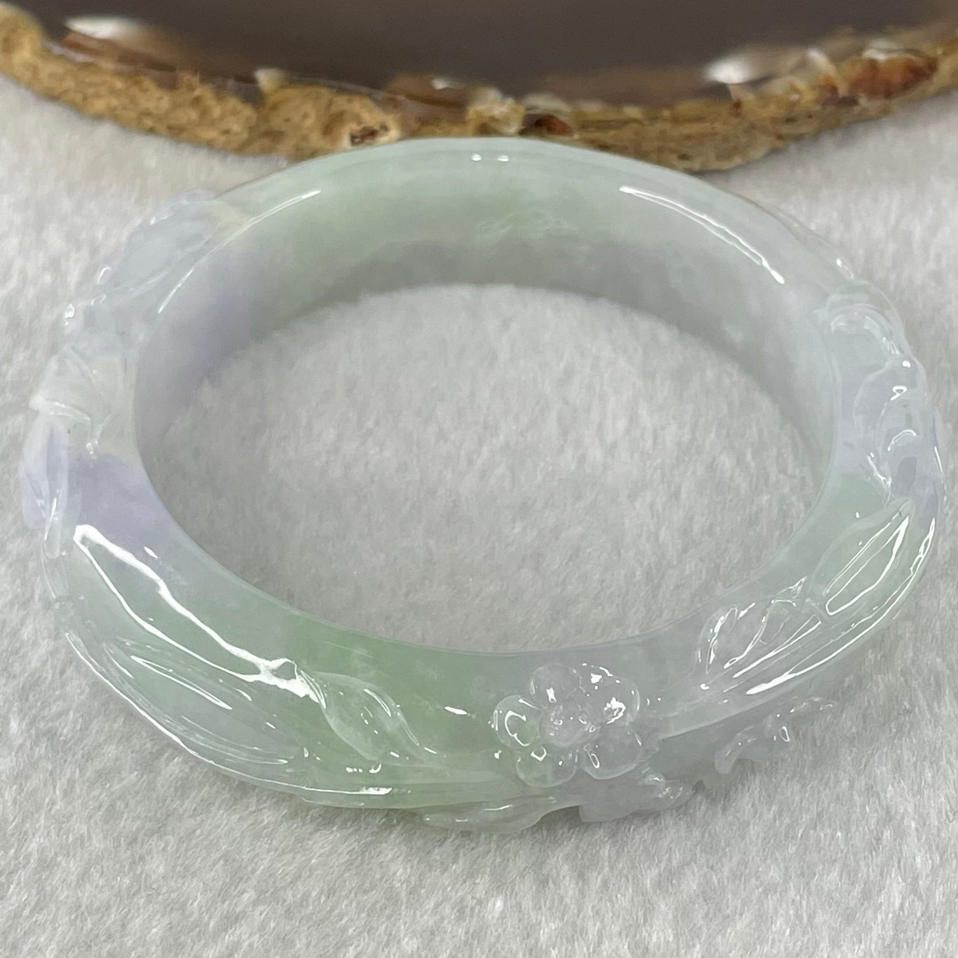 Type A Lavender and Green Jadeite Prosperity Flower Bangle 64.58g Internal Diameter 54.7mm 14.7 by 9.6mm (Internal Lines) - Huangs Jadeite and Jewelry Pte Ltd