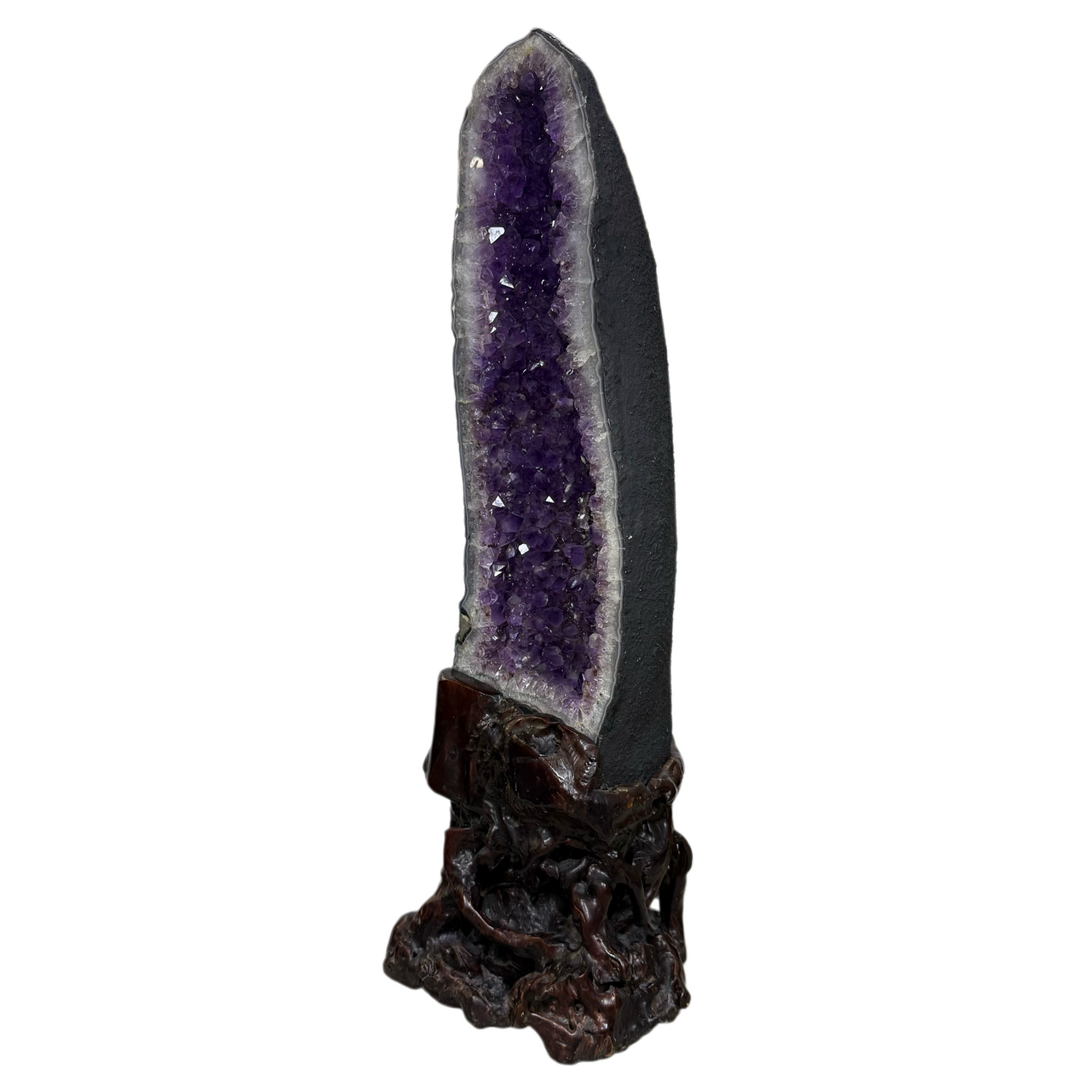 Natural Amethyst Tall Shape Cave (25,976.9g) with Wooden Stand Display Total Weight 30,363.2g 300.0 by 245.0 by 846.0mm - Huangs Jadeite and Jewelry Pte Ltd