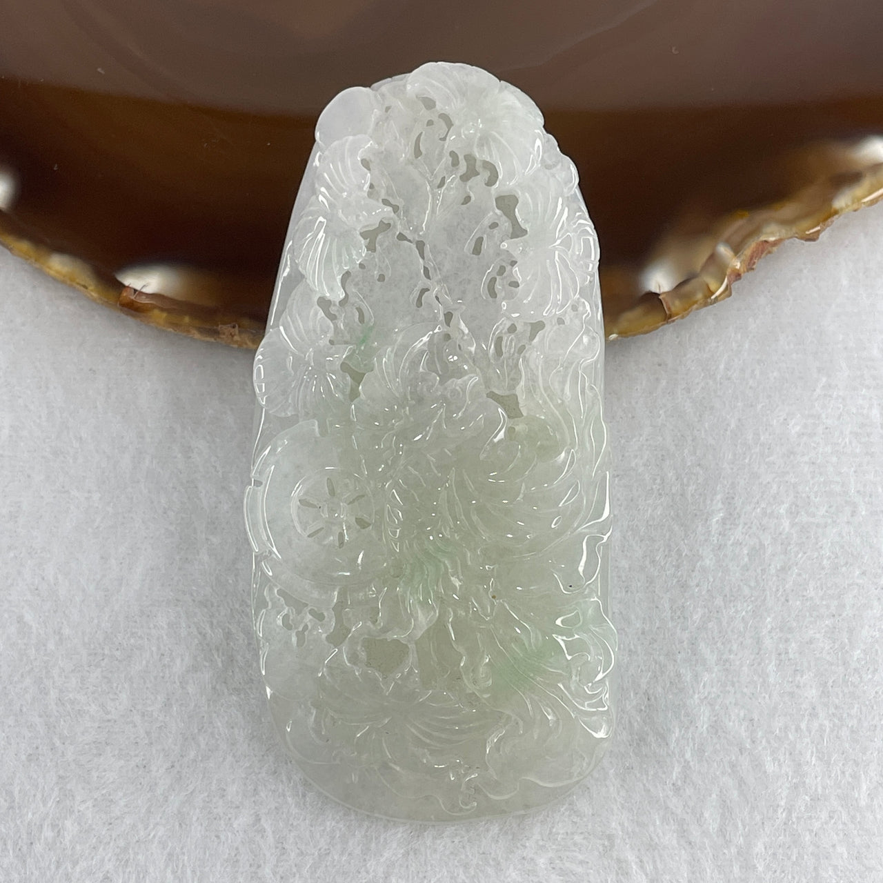 Natural Type A Jelly Semi-Icy Faint Green to Colorless Jadeite Phoenix with 5 Birds Pendant | Master-Carved Fei Cui Gemstone Plaque (85.22g | 82.8mm x 39.4mm x 13.2mm)