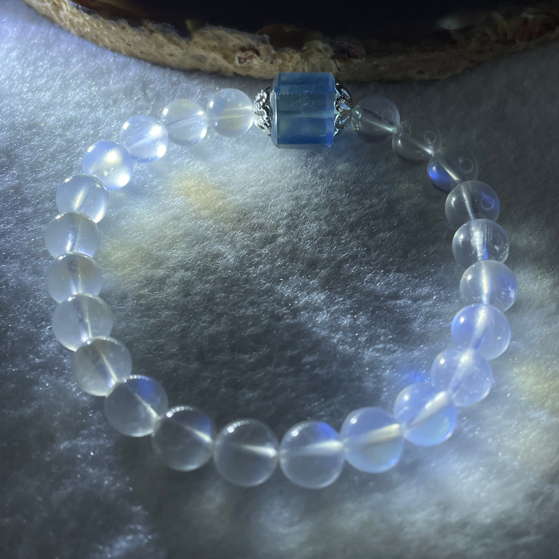 Good Grade Natural Blueish Transparent White Moonstone Beads with Aquamarine Charm Bracelet 16.14g 16cm 7.8mm 23 Beads - Huangs Jadeite and Jewelry Pte Ltd