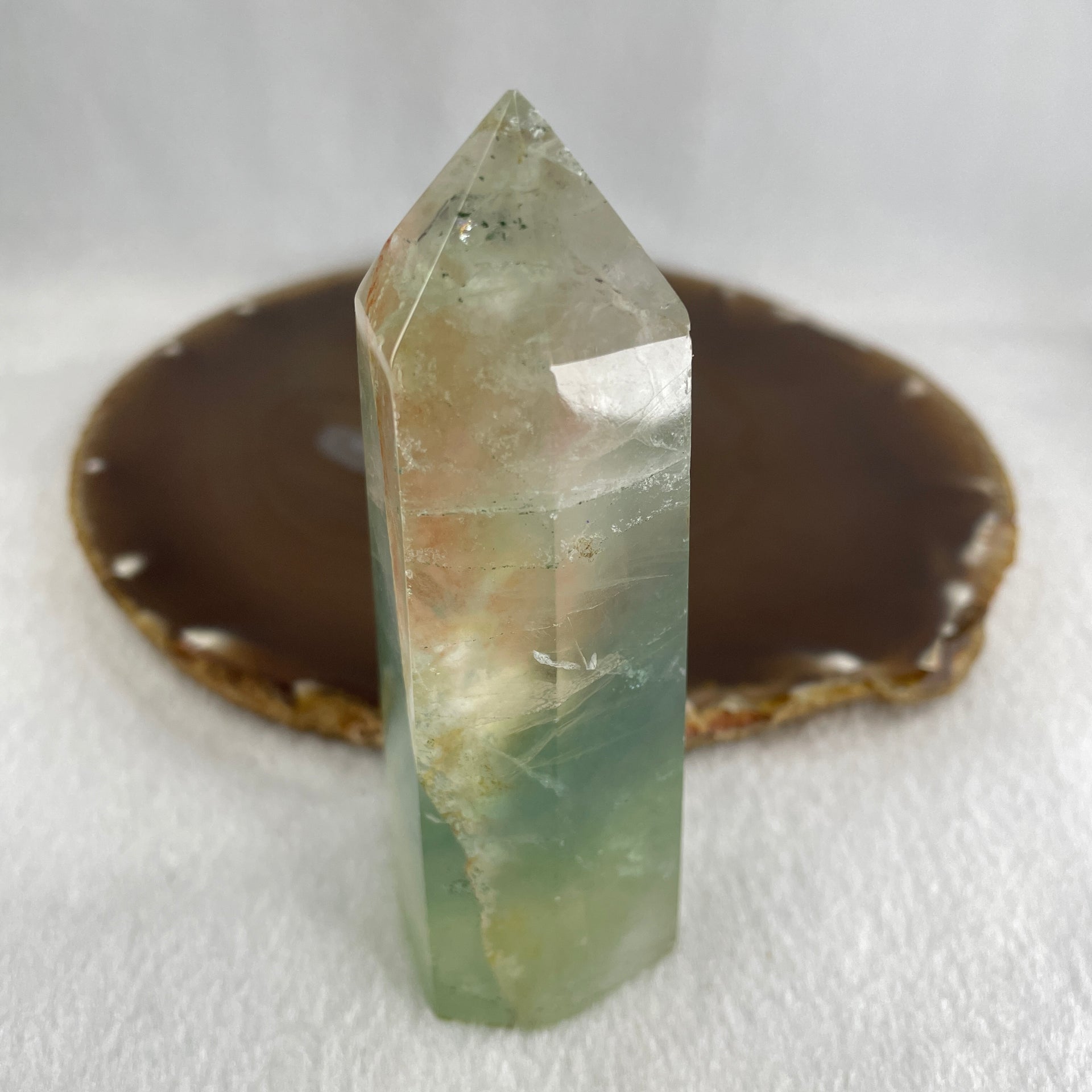 Natural Green and Orange Fluorite Quartz Tower Display 164.54g 96.5 by 35.9 by 30.5mm - Huangs Jadeite and Jewelry Pte Ltd