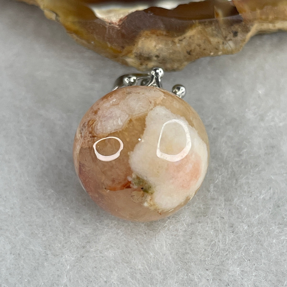 Natural Pink Flower Agate Spherical Ball Pendant with Royal Crown Clasp | Cherry Blossom Quartz Growth & Joy Talisman (5.76g | 15.5mm Sphere)