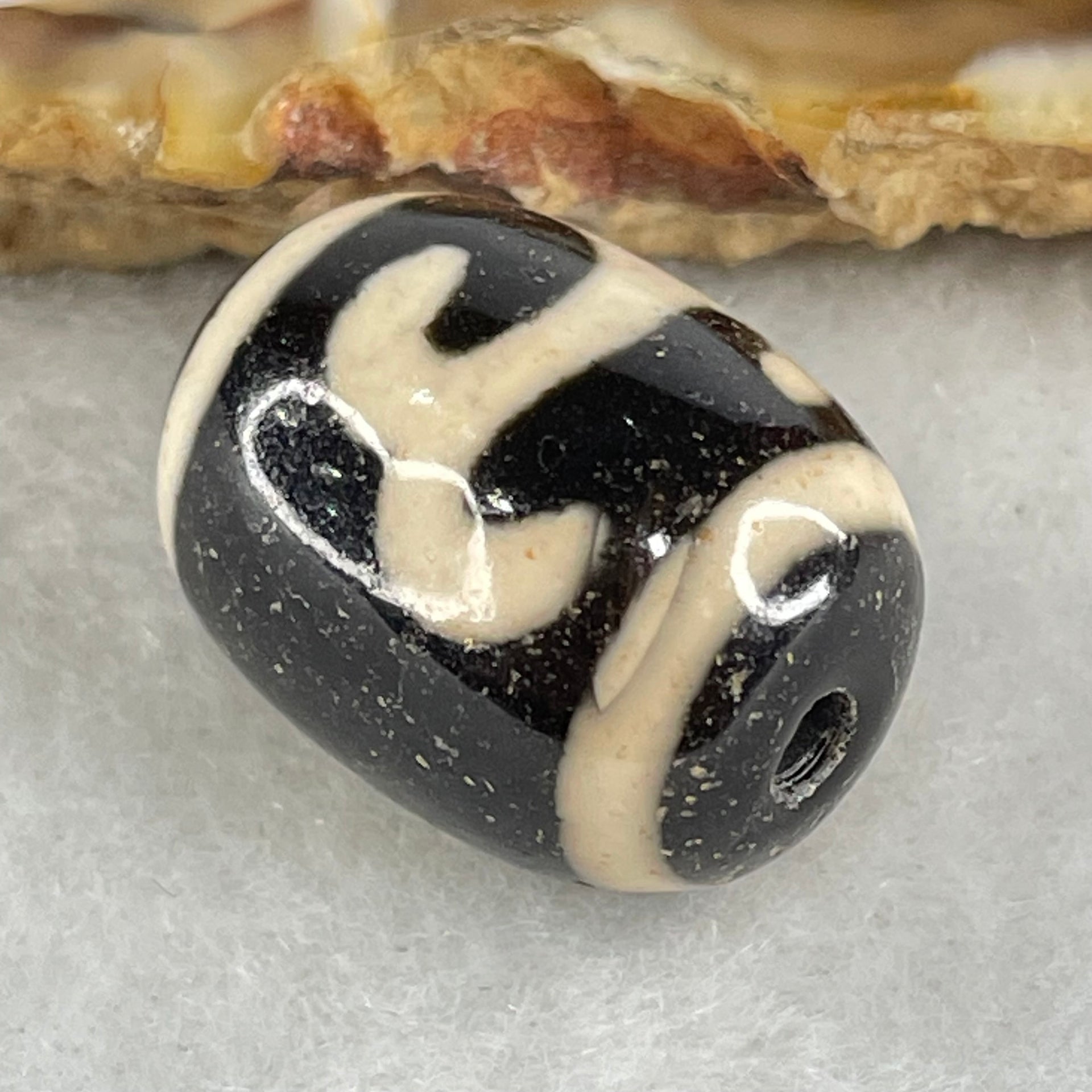Natural Powerful Tibetan Old Oily Black White Agate Green Tara Dzi Bead Heavenly Master (Tian Zhu) 绿度母天珠 4.80g 17.4 by 13.5mm - Huangs Jadeite and Jewelry Pte Ltd