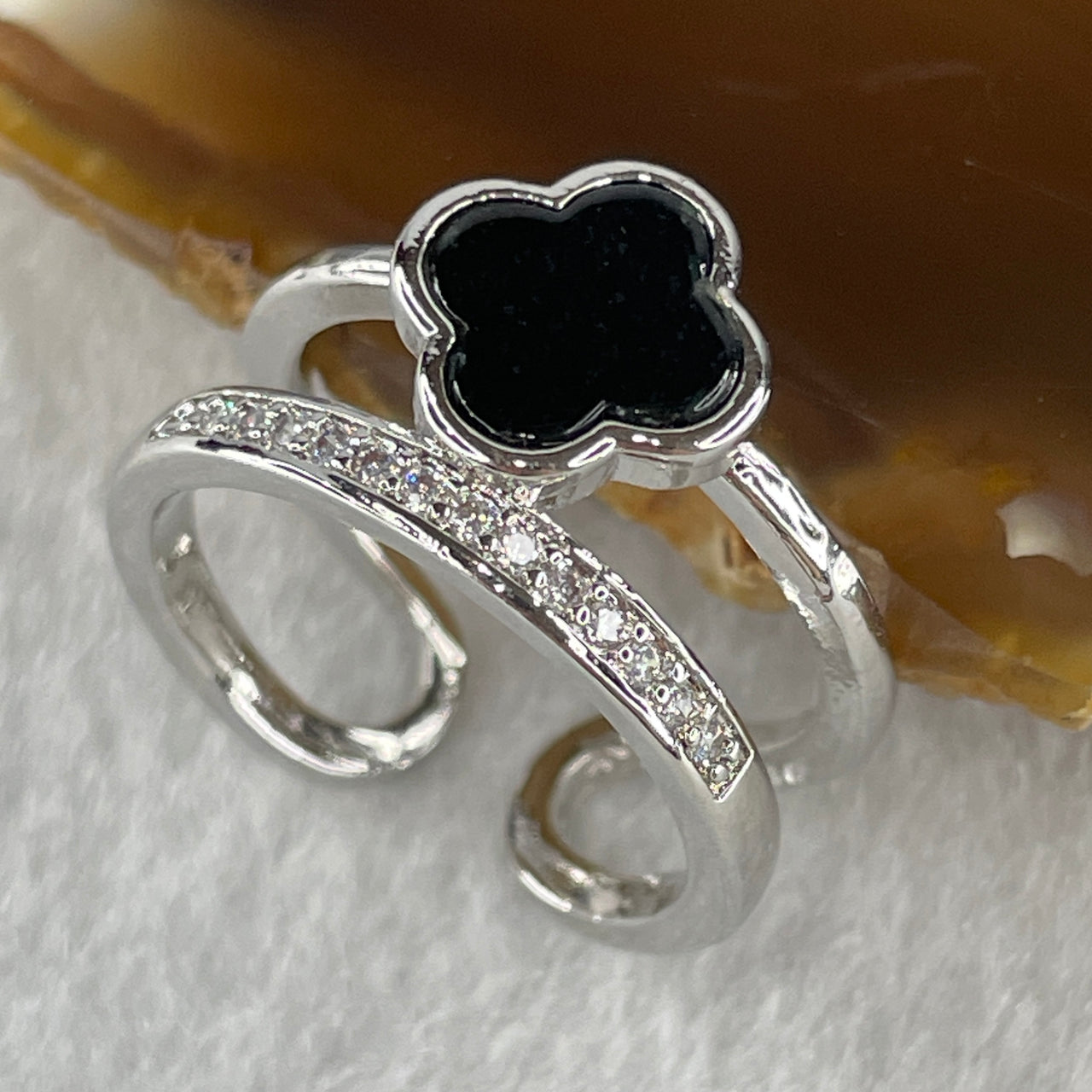 Certified Natural Type A Translucent Black Omphacite Jadeite Four Leaf Clover in Silver Ring 3.06g 8.2 by 1.5mm US6.5 HK13.5