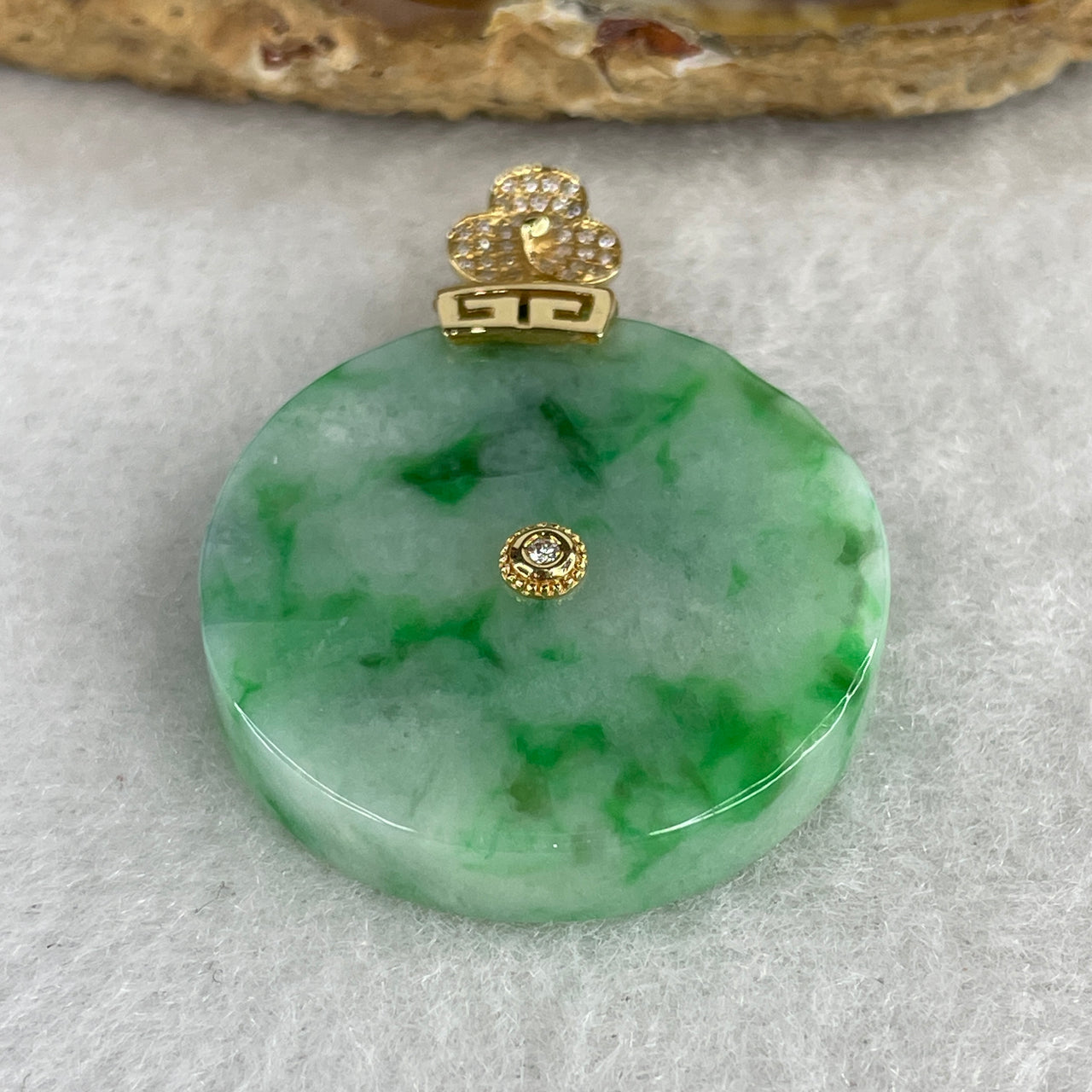 Natural Type A Jadeite Ping An Kou Pendant with Brilliant Diamonds in 18K Rose Gold | 28.5x5.5mm Light Green with Vibrant Emerald Green "Piao Hua" Clouds | High-Luxury Floating Flower Donut Heirloom (13.14g)