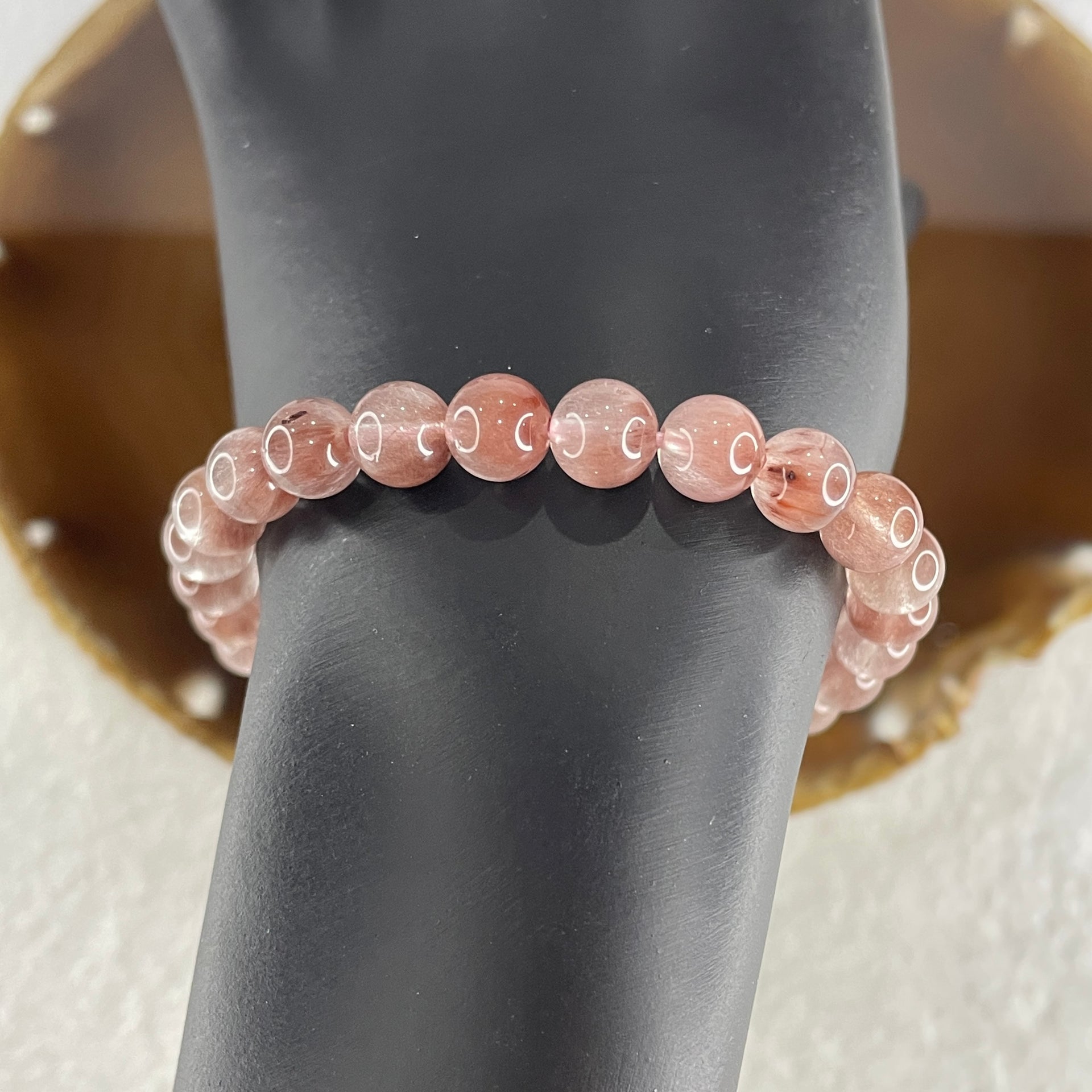 Natural Pinky Rabbit Hair Rutilated Quartz Beads Bracelet 13.81g 16.5cm 7.3mm 27 Beads - Huangs Jadeite and Jewelry Pte Ltd