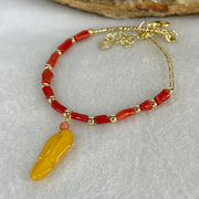 Natural Red Coral with Natural Butterscotch Amber Leaf Charm in Gold Color Bracelet 3.64g 6.5 by 2.7mm 11pcs - Huangs Jadeite and Jewelry Pte Ltd