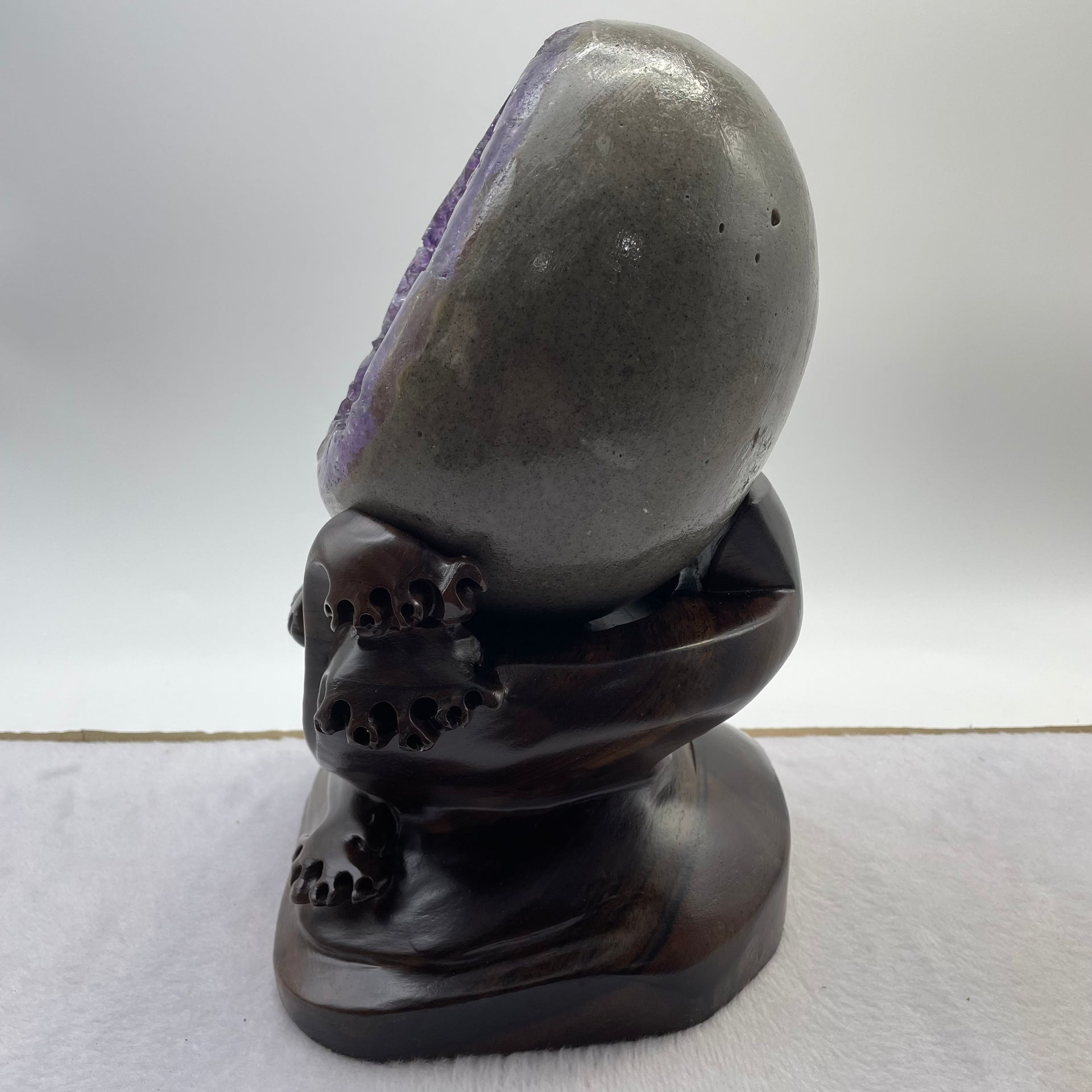 Natural Deep Purple Amethyst Egg with Wooden Stand Display Total 4,752.0g 160.0 by 155.0 by 265.0mm - Huangs Jadeite and Jewelry Pte Ltd