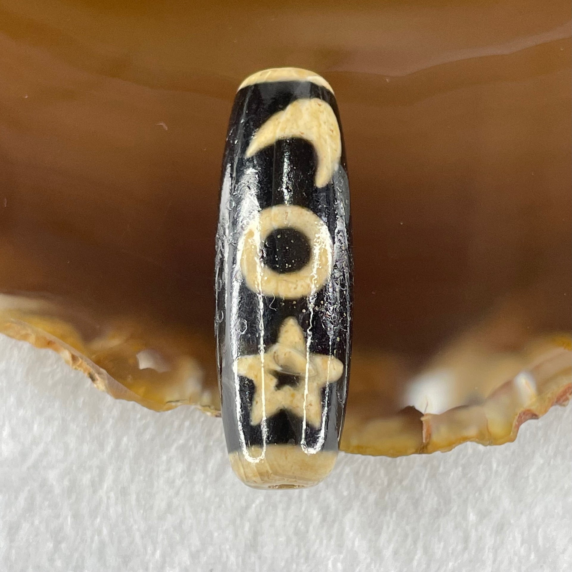 Natural Powerful Tibetan Old Oily Agate Guan Yin with Moon Sun Star Dzi Bead Heavenly Master (Tian Zhu) 观音天珠 9.43g 37.9 by 12.6mm - Huangs Jadeite and Jewelry Pte Ltd