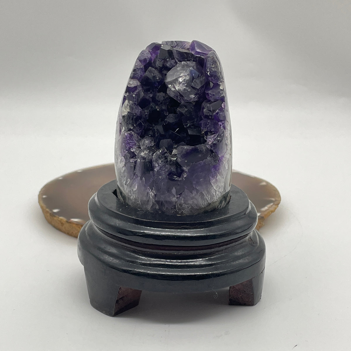 Natural Amethyst Round with Wooden Stand Display | Deep Royal Violet & Lavender (585.51g | 98.0 x 94.0 x 124.5mm | Synergy, Spiritual Shield, "Zi Qi Dong Lai" Prosperity & Feng Shui Master Anchor)