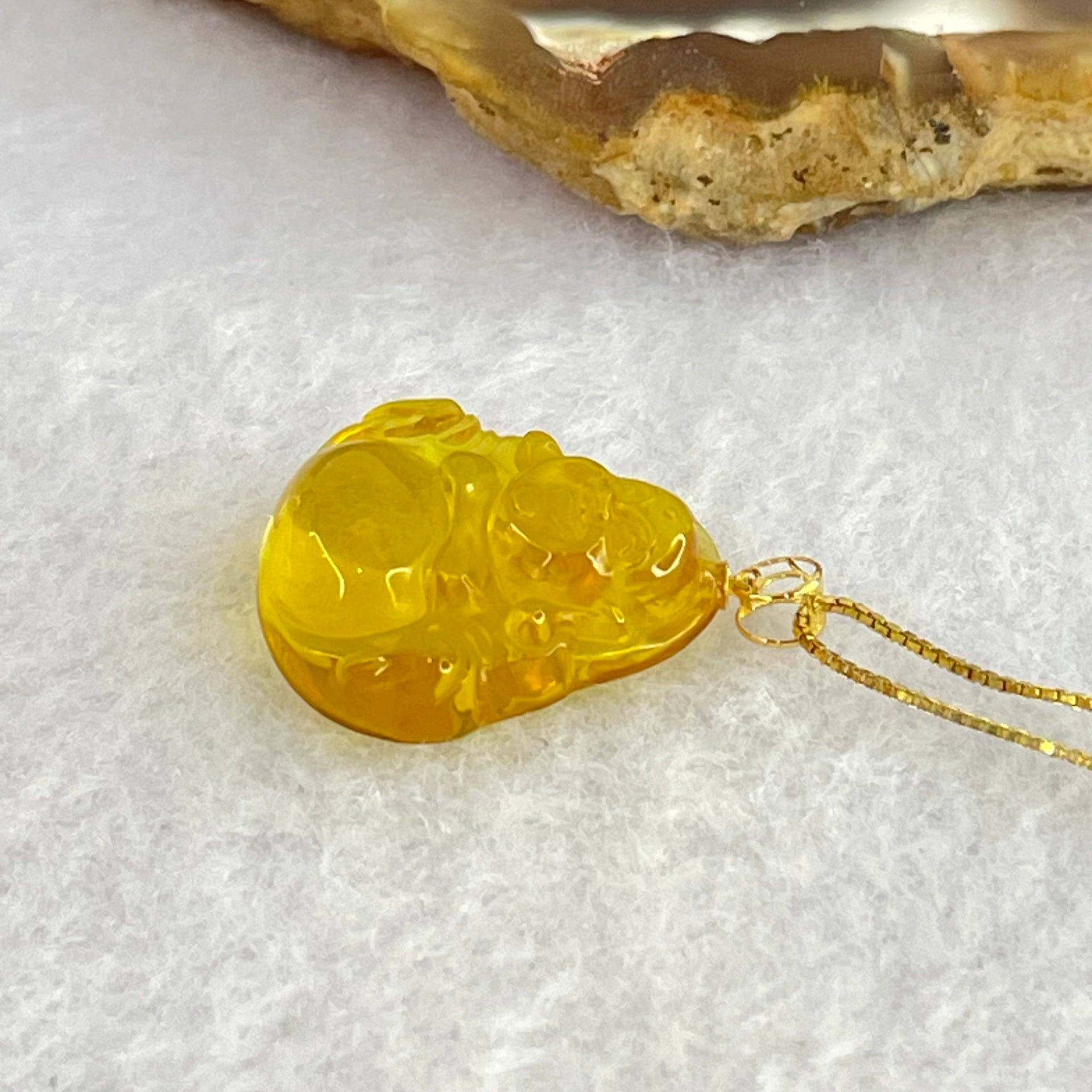 18K Yellow Gold Natural Cognac Amber Milo Buddha Pendent in S925 Sliver Gold Color Necklace 2.05g 18.6 by 17.1 by 5.9mm - Huangs Jadeite and Jewelry Pte Ltd