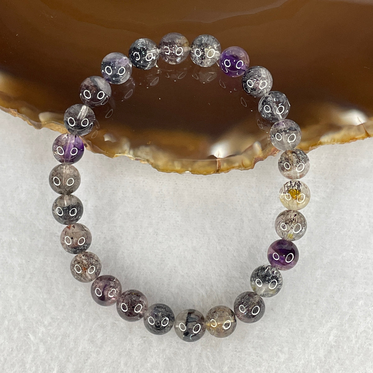Certified Good Grade Natural Black Super 7 Crystal Beads Bracelet | 15.5cm Petite Strand of 26 Beads 7.3mm (13.63g | Supreme Root Grounding, Manifestation & Aura Shield)