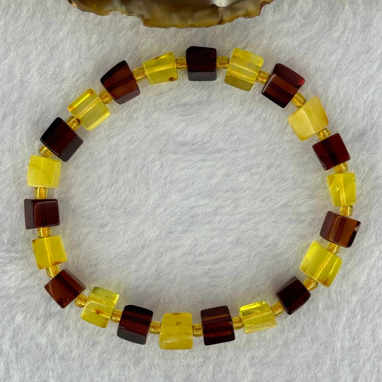 Natural Butterscotch Yellow and Red Amber Square Beads Bracelet 天然方型多宝琥珀手链 6.21g 16cm 7.2mm 22 Beads - Huangs Jadeite and Jewelry Pte Ltd