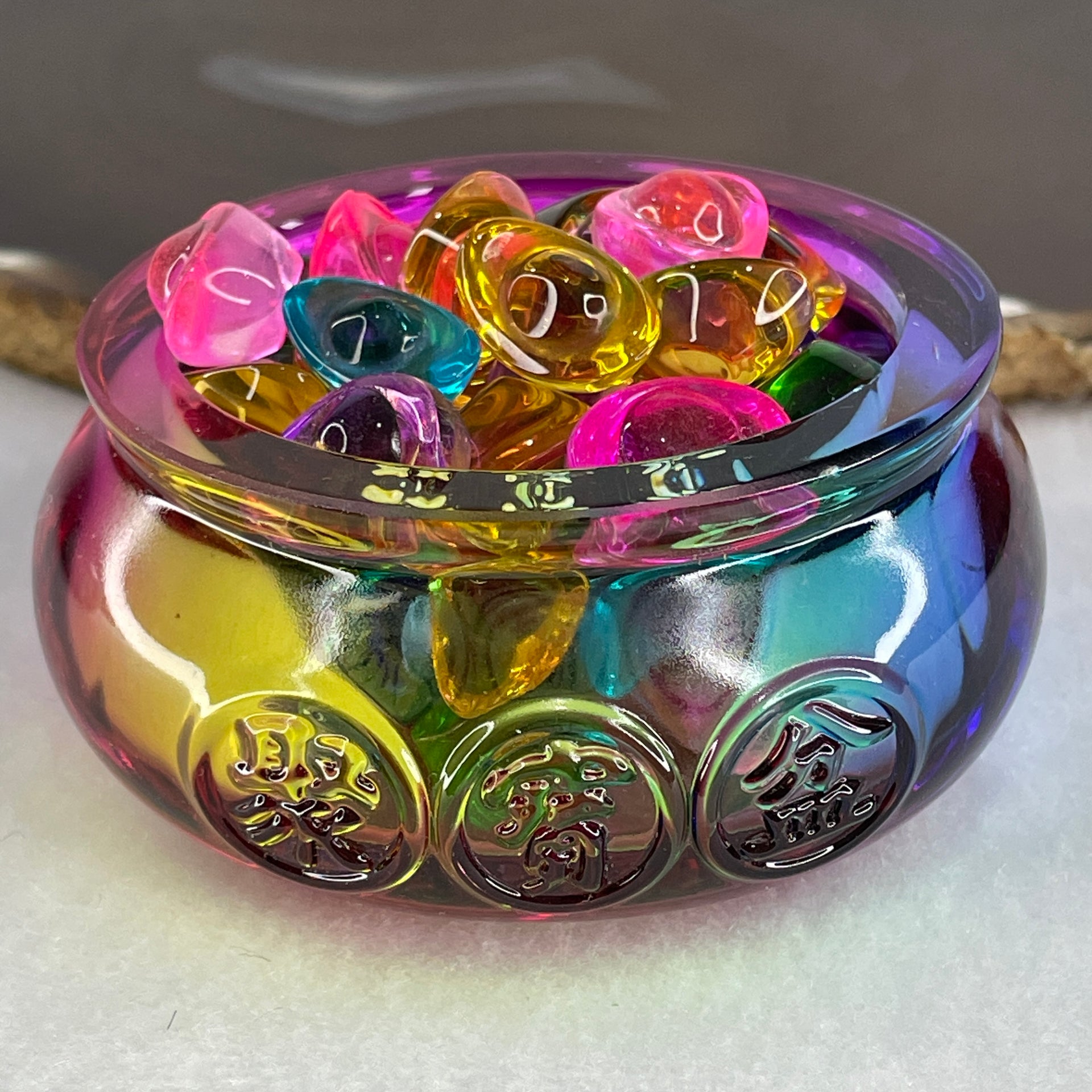 Muti Color Liuli Wealth Pot with Ingot Yuan Bao Display Total Weight 211.75g 72.6 by 33.5mm - Huangs Jadeite and Jewelry Pte Ltd