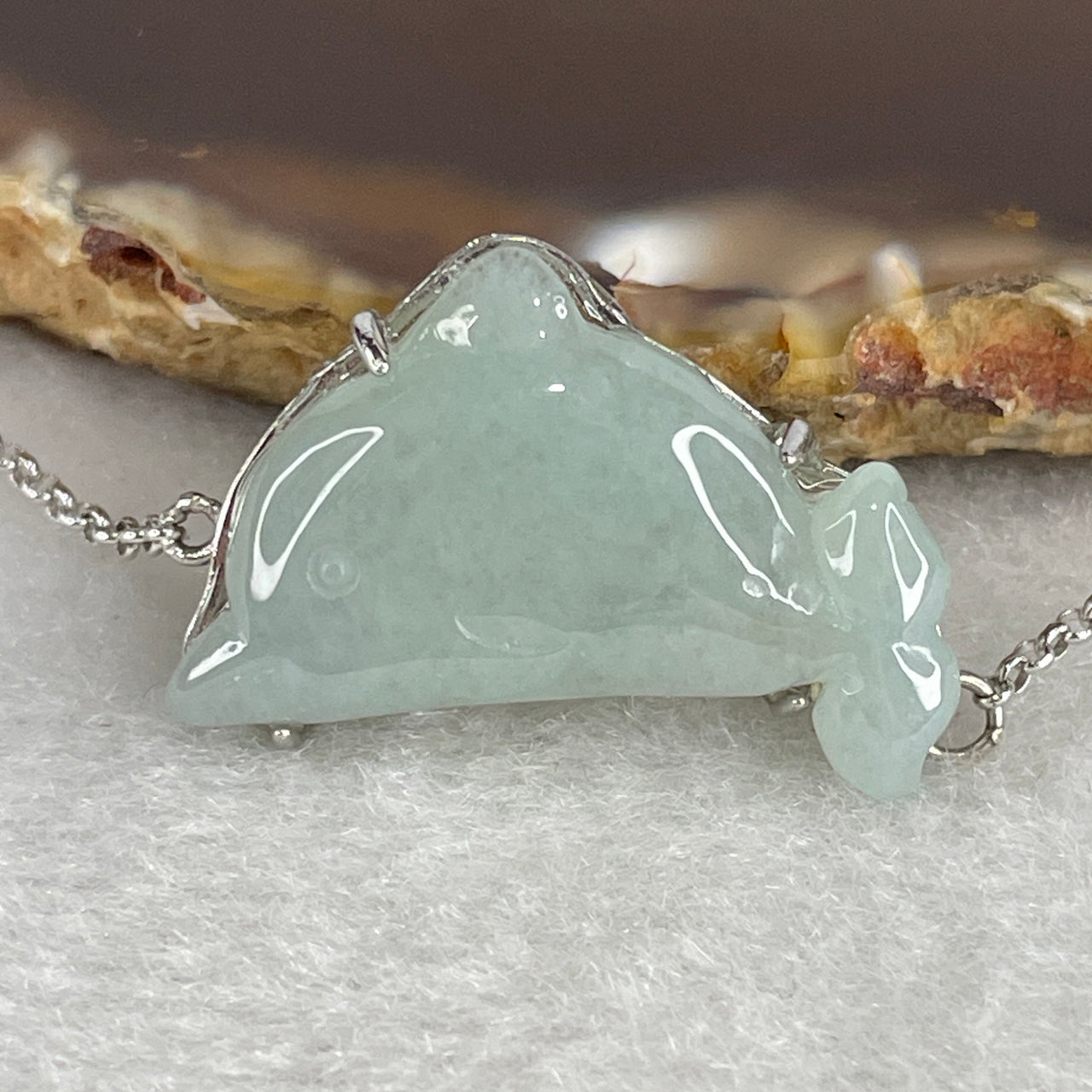 Type A Light Blueish-Green Jadeite Dolphin Charm Bracelet | Solid S925 Sterling Silver Setting | Adjustable 14-16cm Wrist Fit | "Glacial Depths" Freedom & Protection Amulet (5.75g 26.5x18.1x5.5mm)