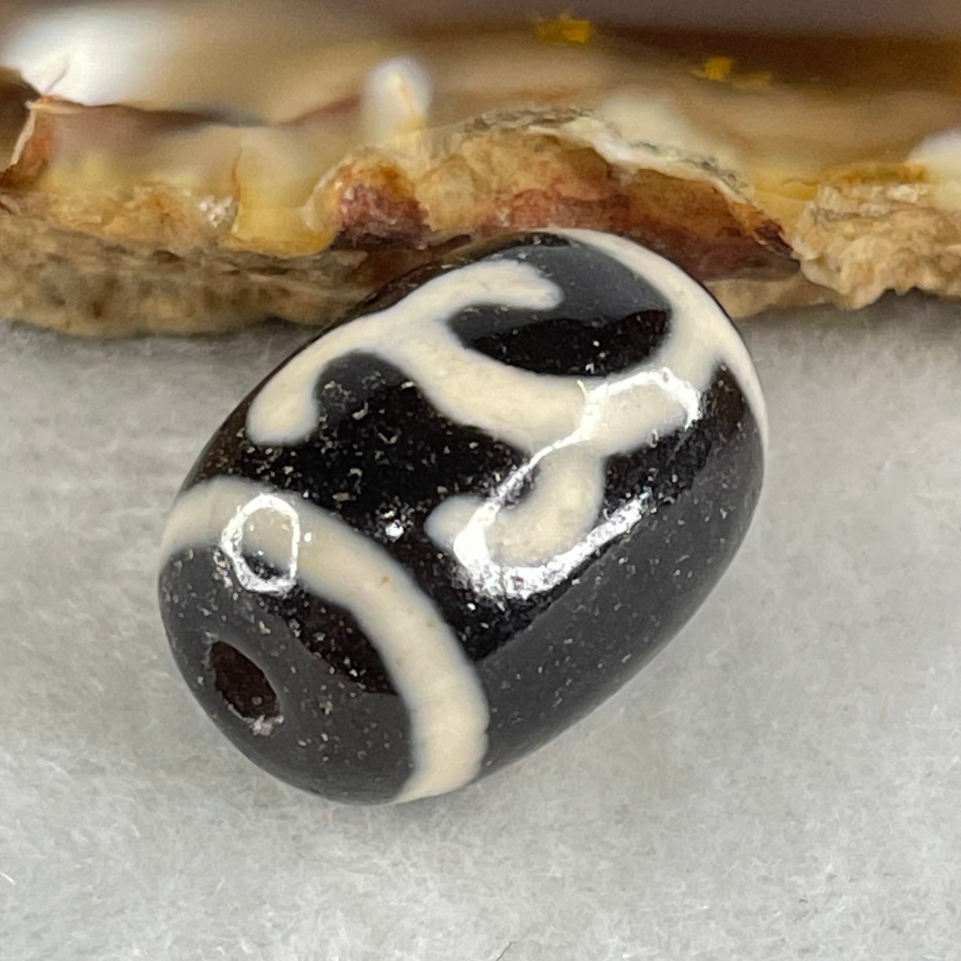Natural Powerful Tibetan Old Oily Black White Agate Green Tara Dzi Bead Heavenly Master (Tian Zhu) 绿度母天珠 4.12g 17.4 by 12.6mm - Huangs Jadeite and Jewelry Pte Ltd